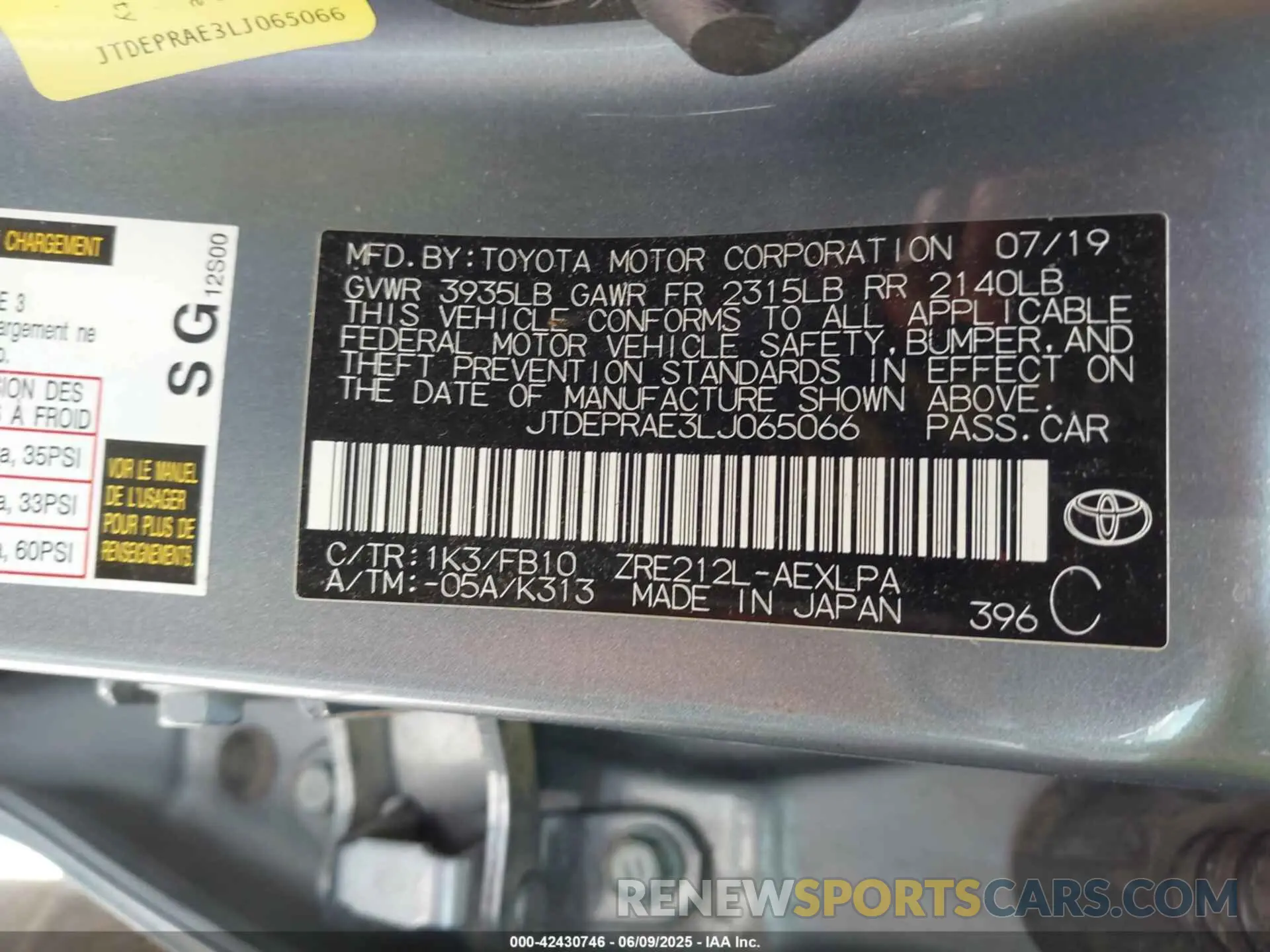 9 Photograph of a damaged car JTDEPRAE3LJ065066 TOYOTA COROLLA 2020