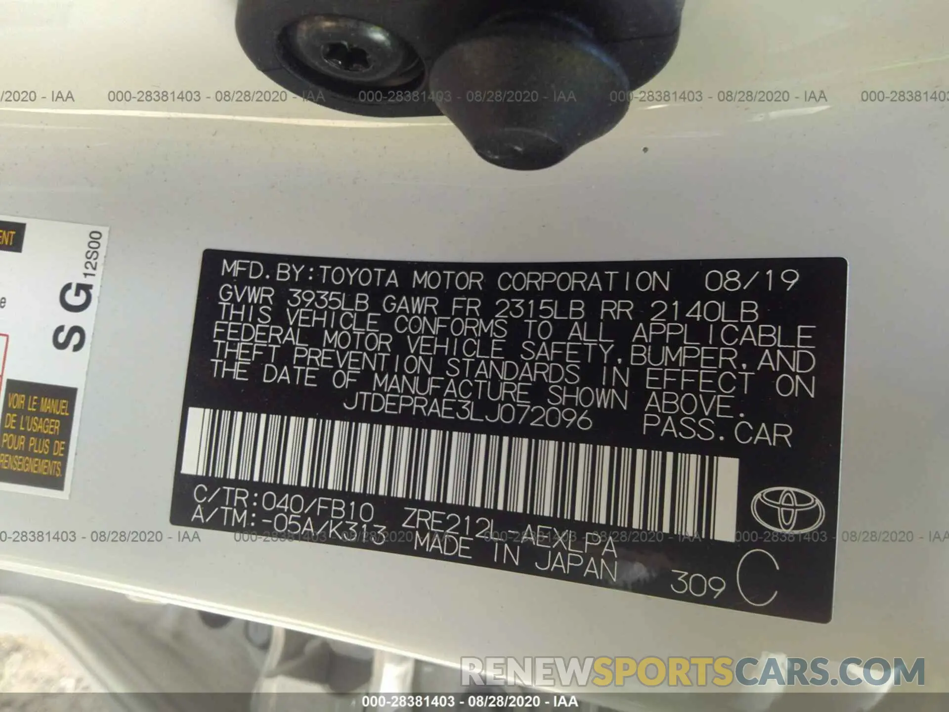 9 Photograph of a damaged car JTDEPRAE3LJ072096 TOYOTA COROLLA 2020