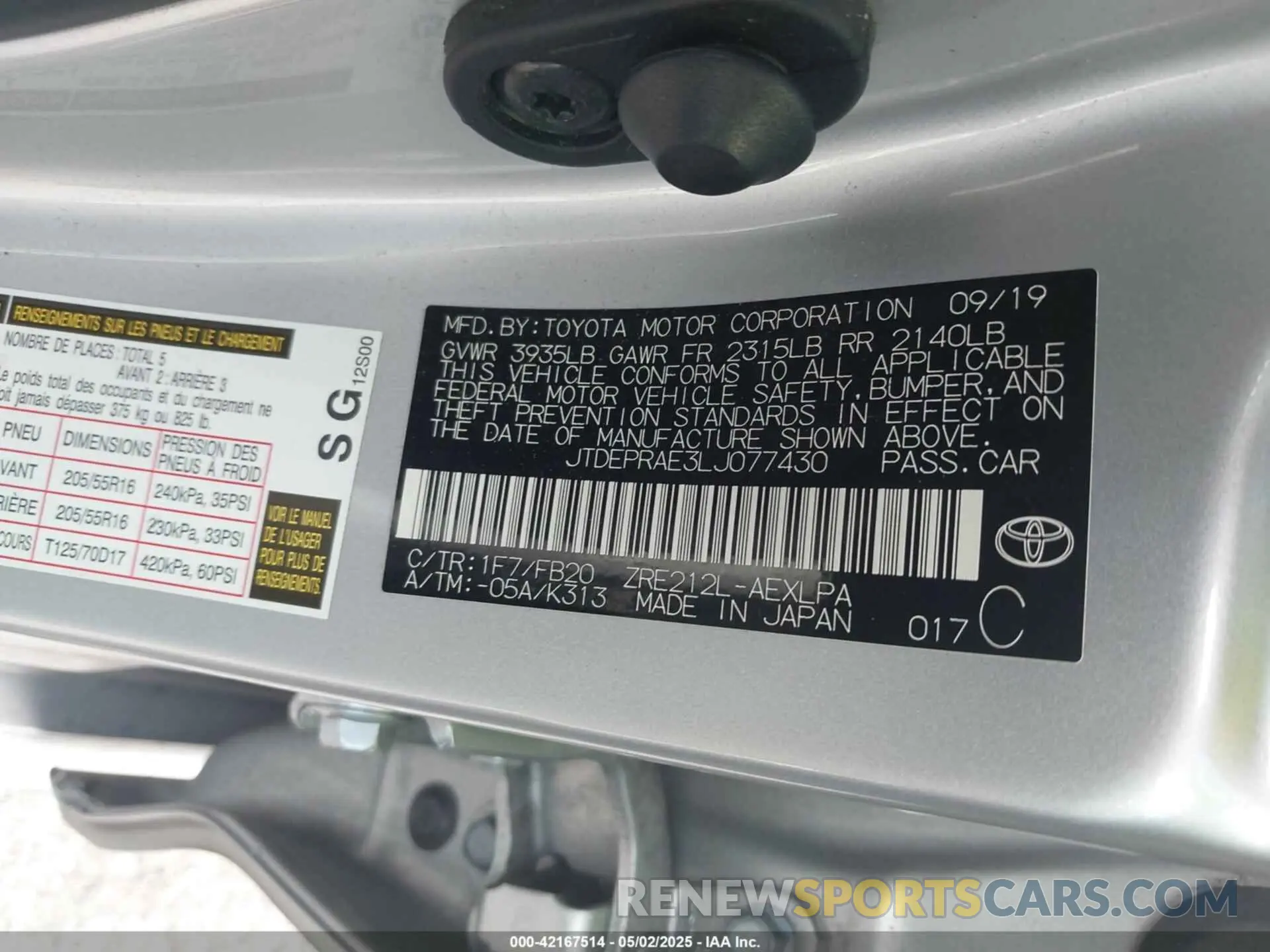 9 Photograph of a damaged car JTDEPRAE3LJ077430 TOYOTA COROLLA 2020