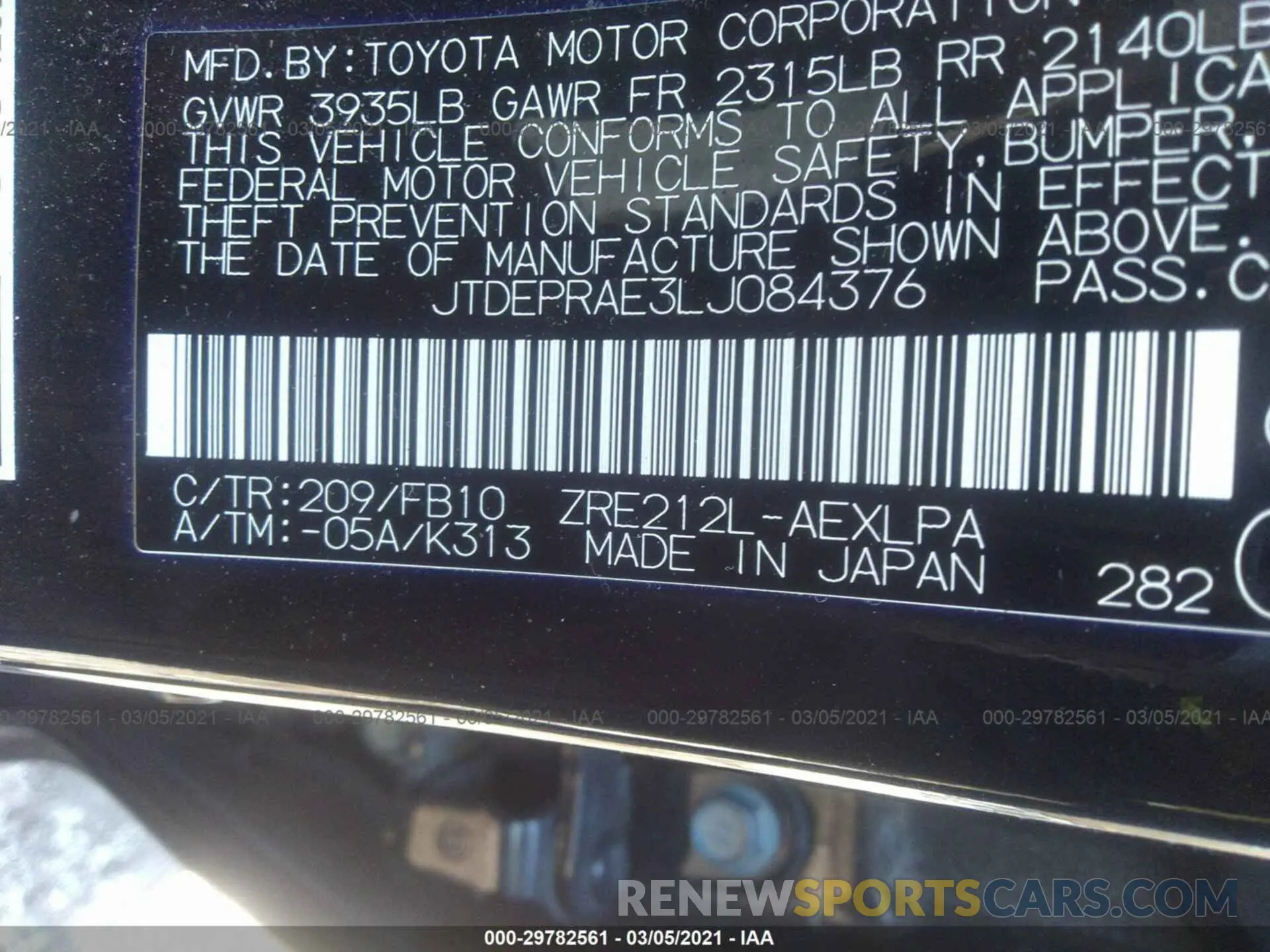 9 Photograph of a damaged car JTDEPRAE3LJ084376 TOYOTA COROLLA 2020