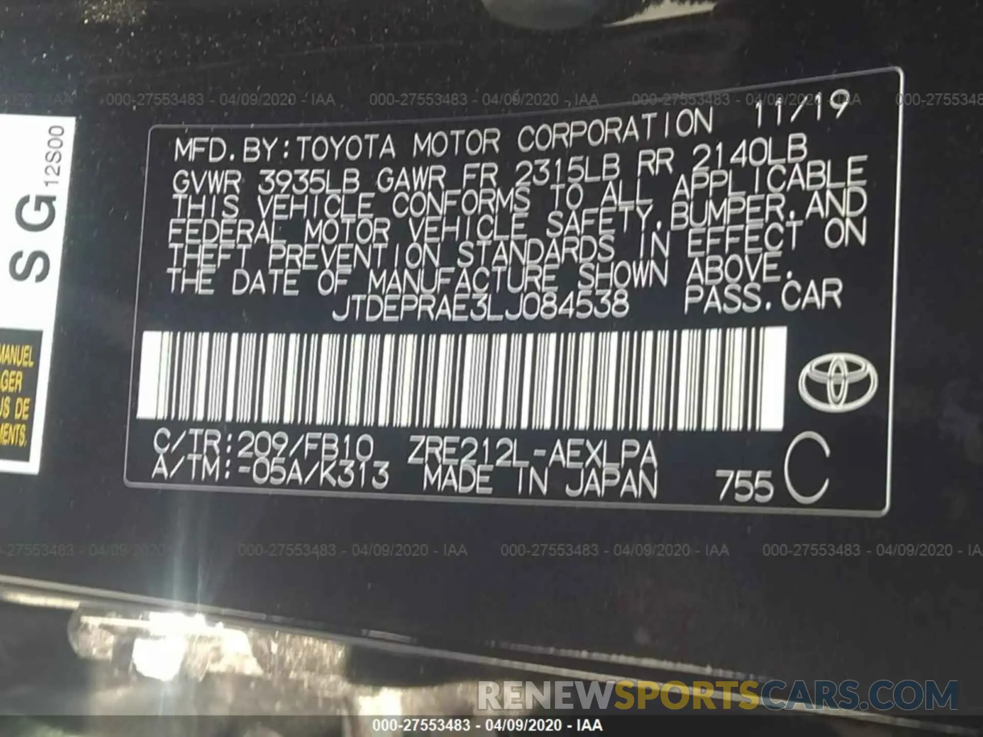 9 Photograph of a damaged car JTDEPRAE3LJ084538 TOYOTA COROLLA 2020