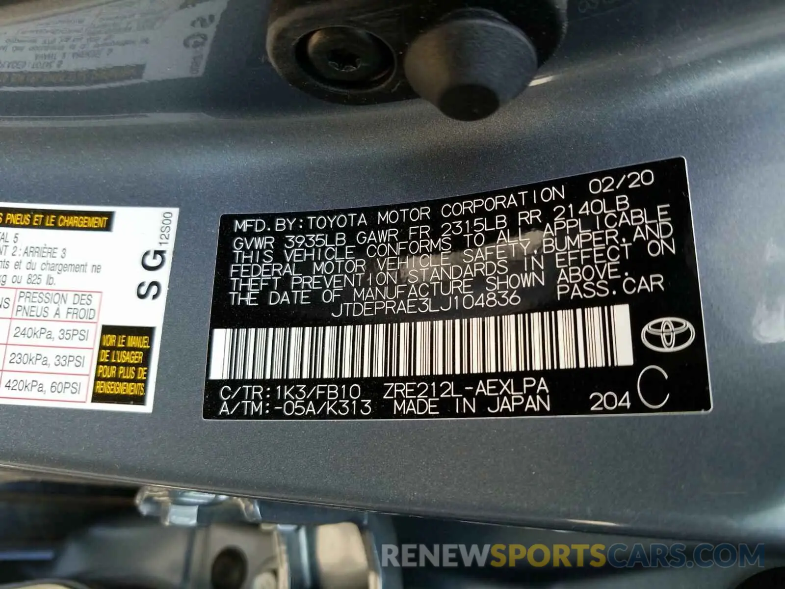 10 Photograph of a damaged car JTDEPRAE3LJ104836 TOYOTA COROLLA 2020