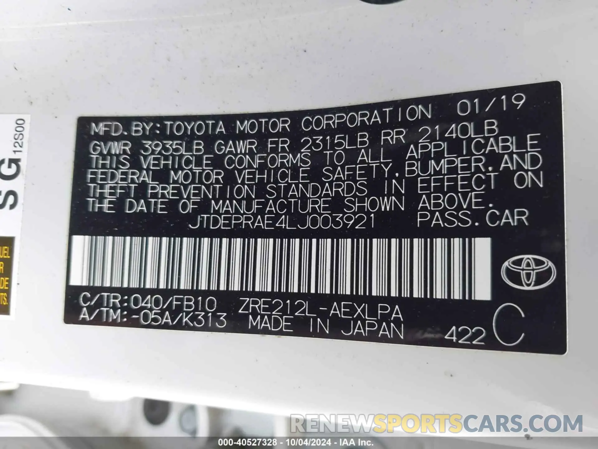 9 Фотография поврежденного автомобиля JTDEPRAE4LJ003921 TOYOTA COROLLA 2020