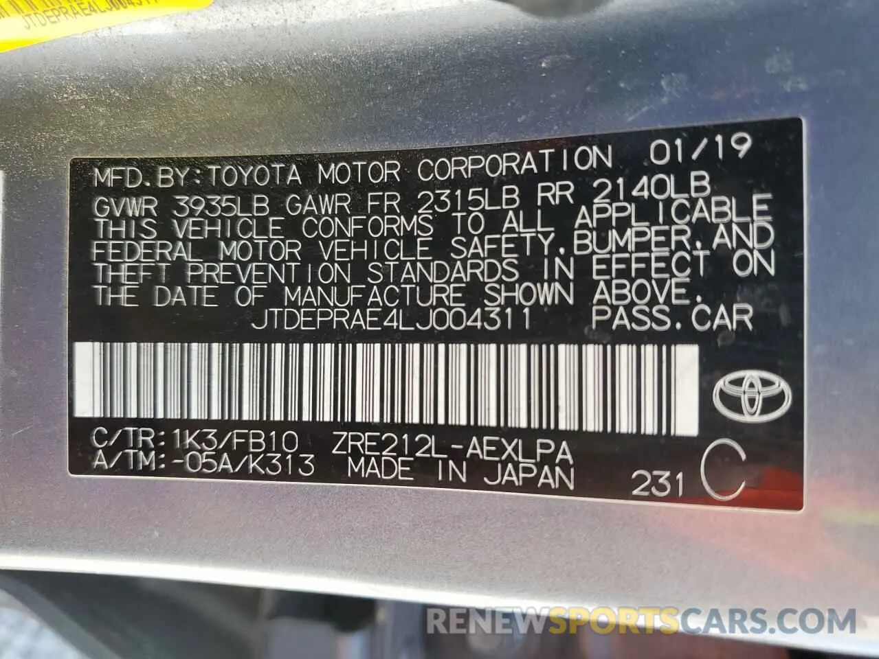 12 Photograph of a damaged car JTDEPRAE4LJ004311 TOYOTA COROLLA 2020