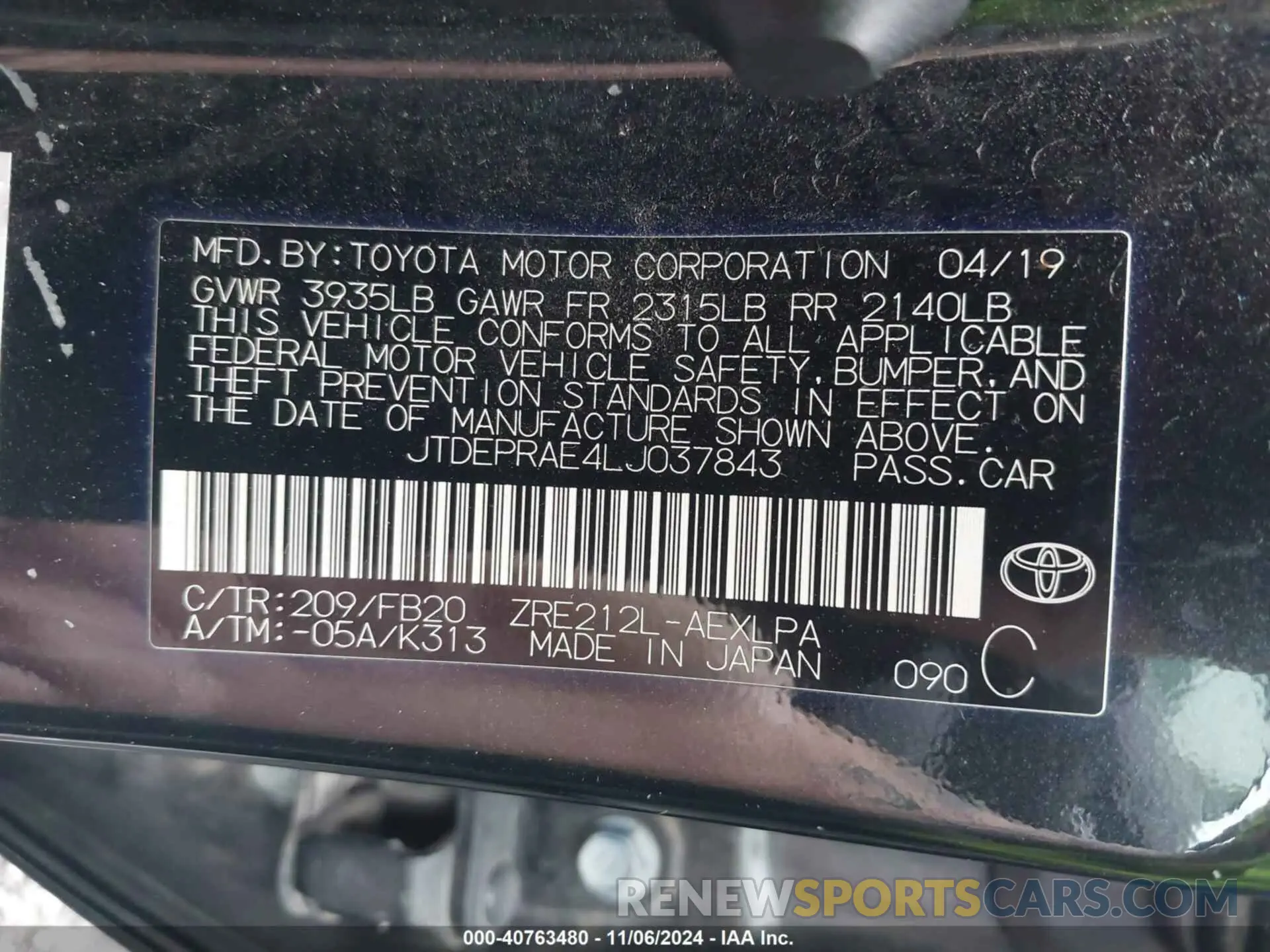 9 Photograph of a damaged car JTDEPRAE4LJ037843 TOYOTA COROLLA 2020