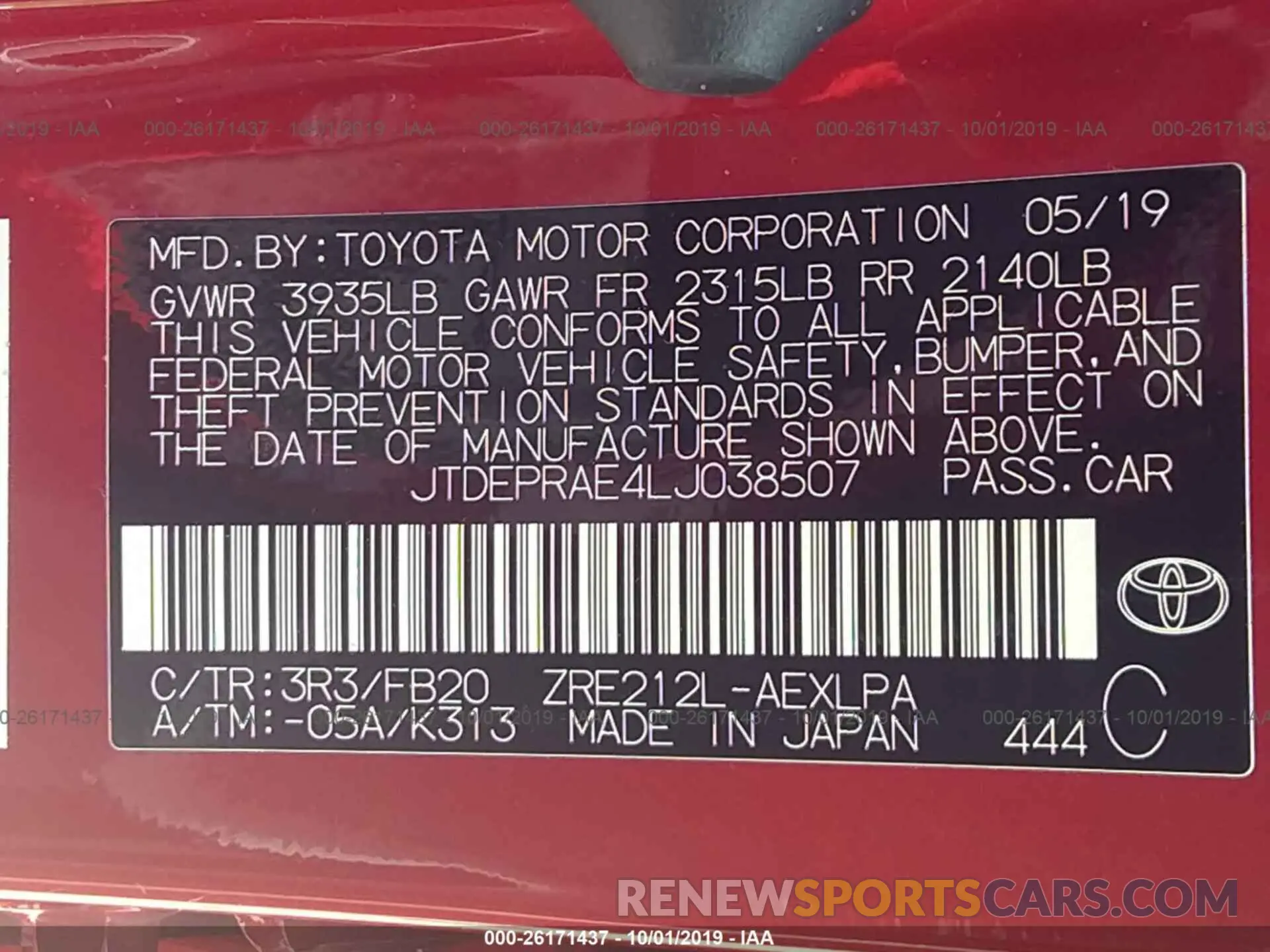 9 Photograph of a damaged car JTDEPRAE4LJ038507 TOYOTA COROLLA 2020