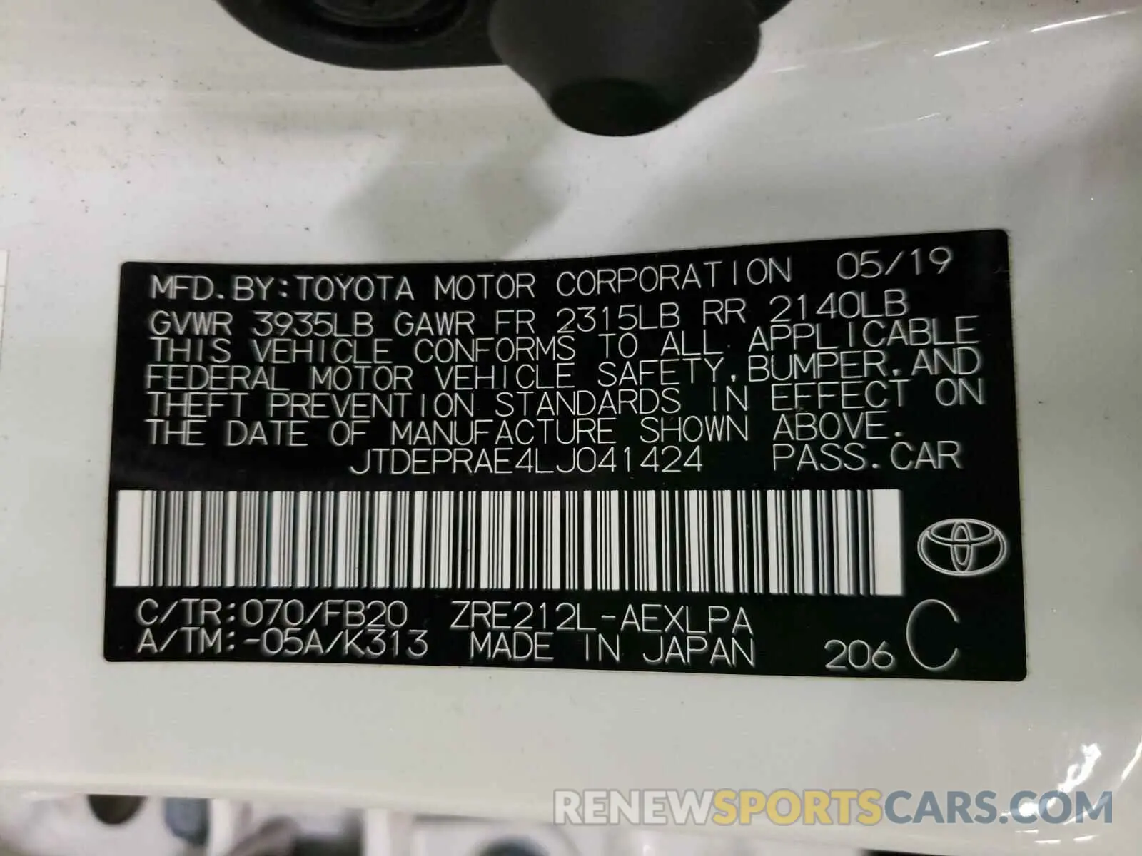 10 Photograph of a damaged car JTDEPRAE4LJ041424 TOYOTA COROLLA 2020