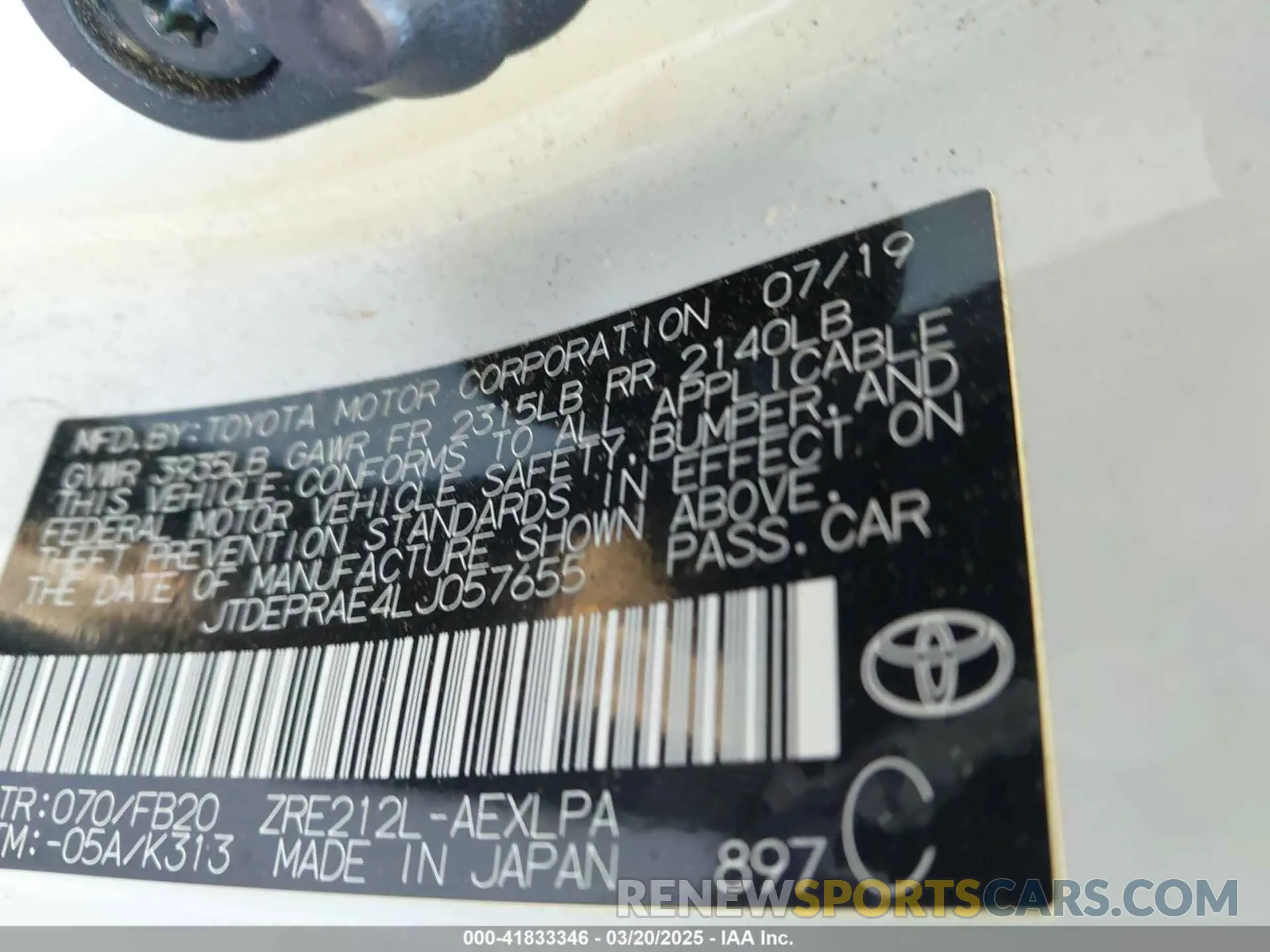 9 Фотография поврежденного автомобиля JTDEPRAE4LJ057655 TOYOTA COROLLA 2020
