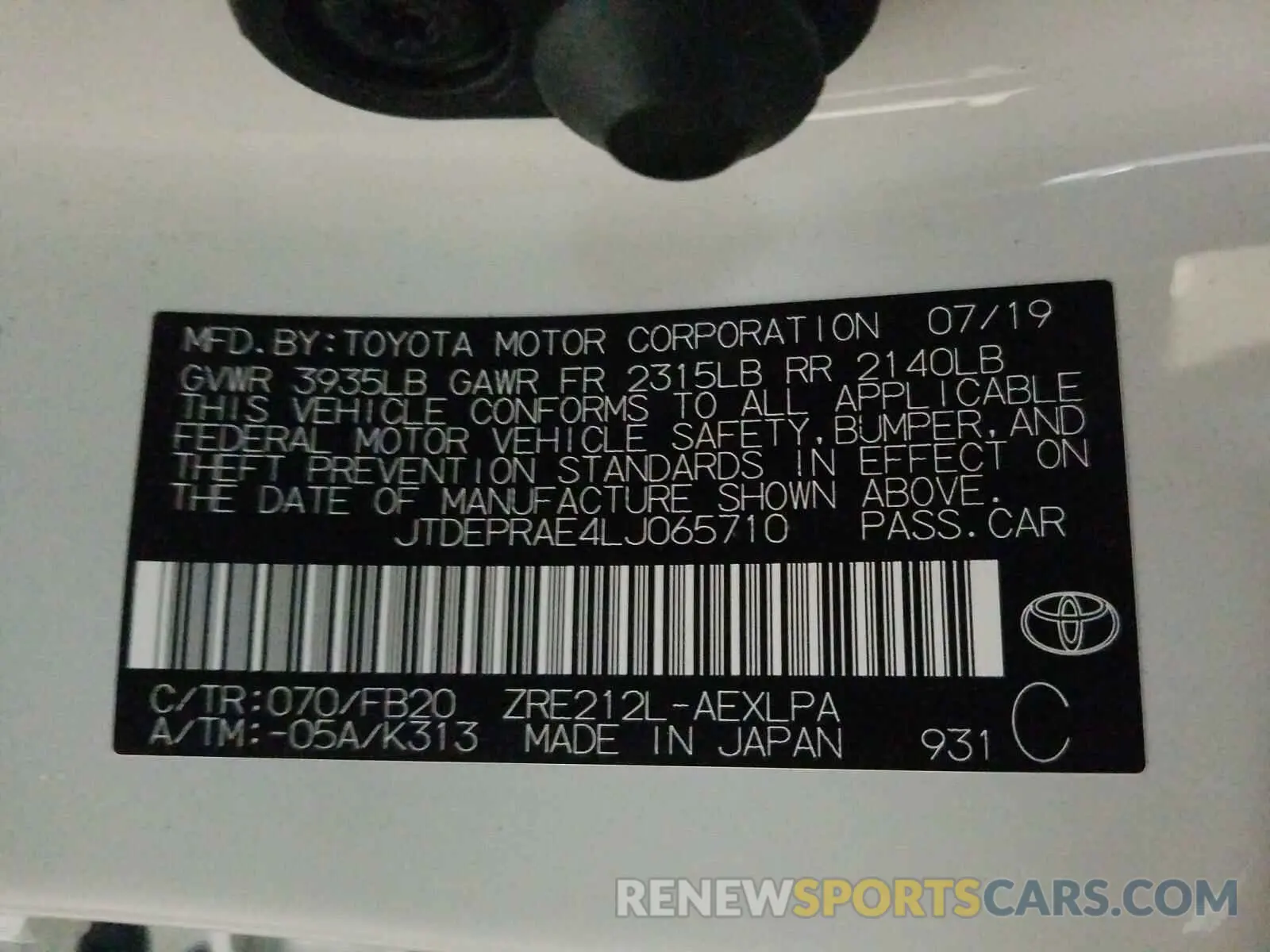 10 Photograph of a damaged car JTDEPRAE4LJ065710 TOYOTA COROLLA 2020