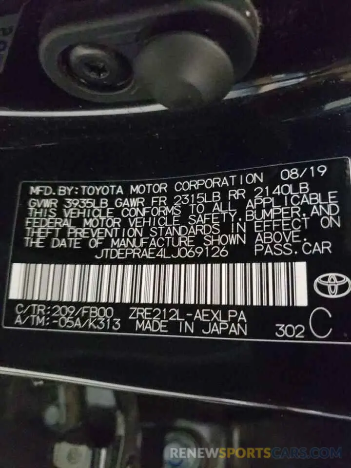 10 Photograph of a damaged car JTDEPRAE4LJ069126 TOYOTA COROLLA 2020