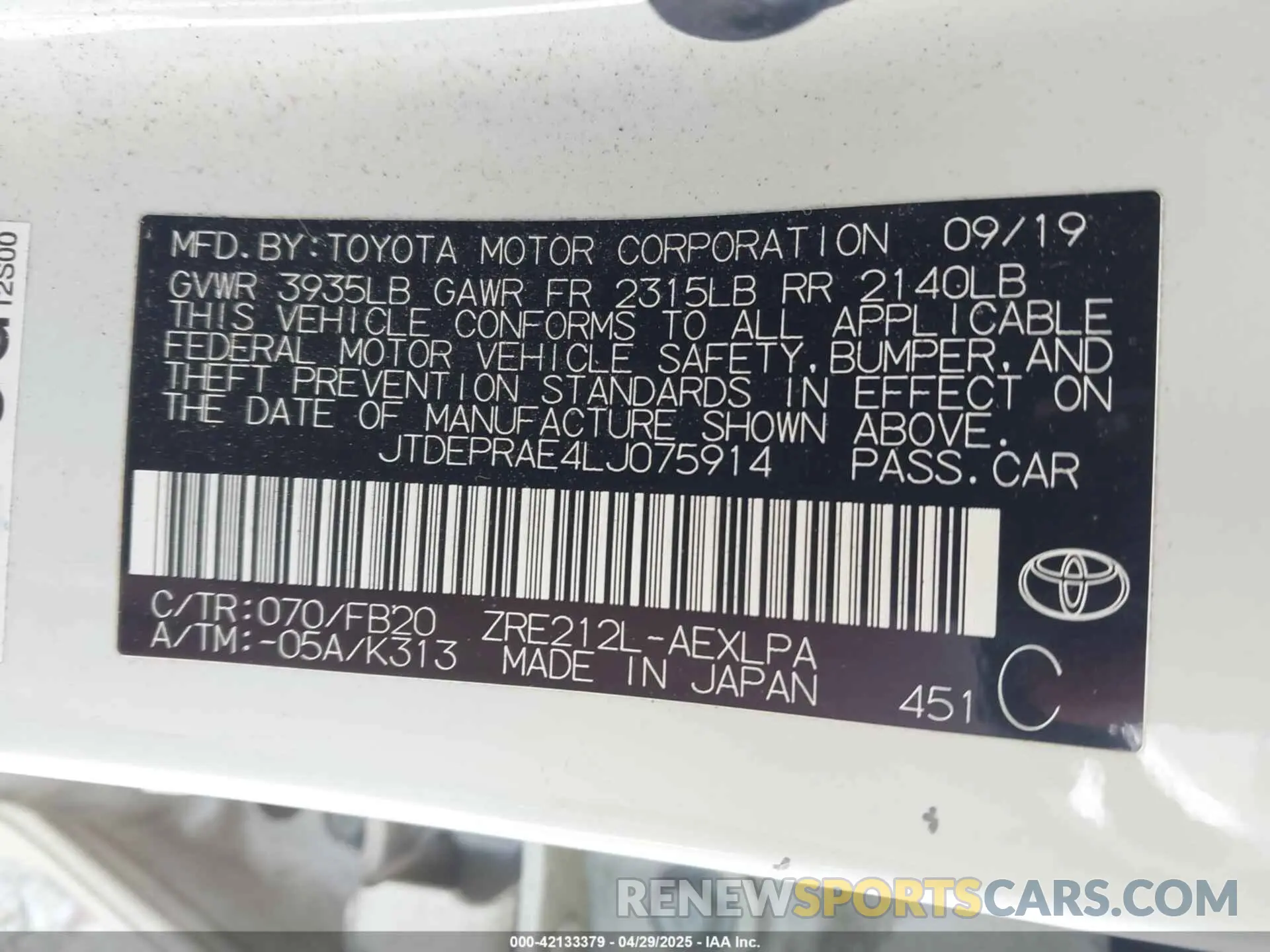 9 Фотография поврежденного автомобиля JTDEPRAE4LJ075914 TOYOTA COROLLA 2020
