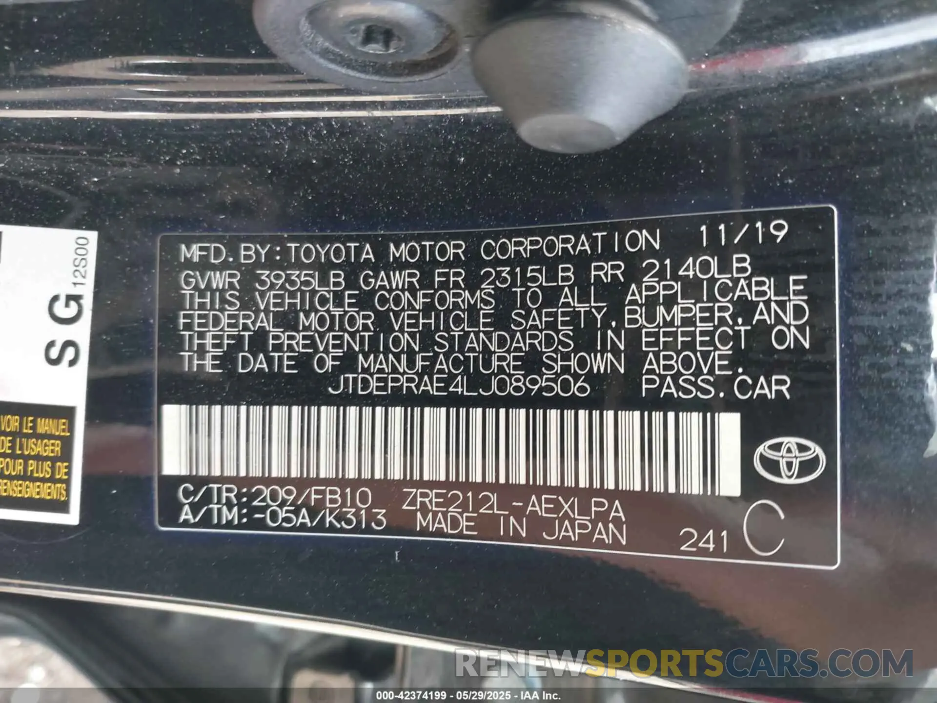 9 Фотография поврежденного автомобиля JTDEPRAE4LJ089506 TOYOTA COROLLA 2020