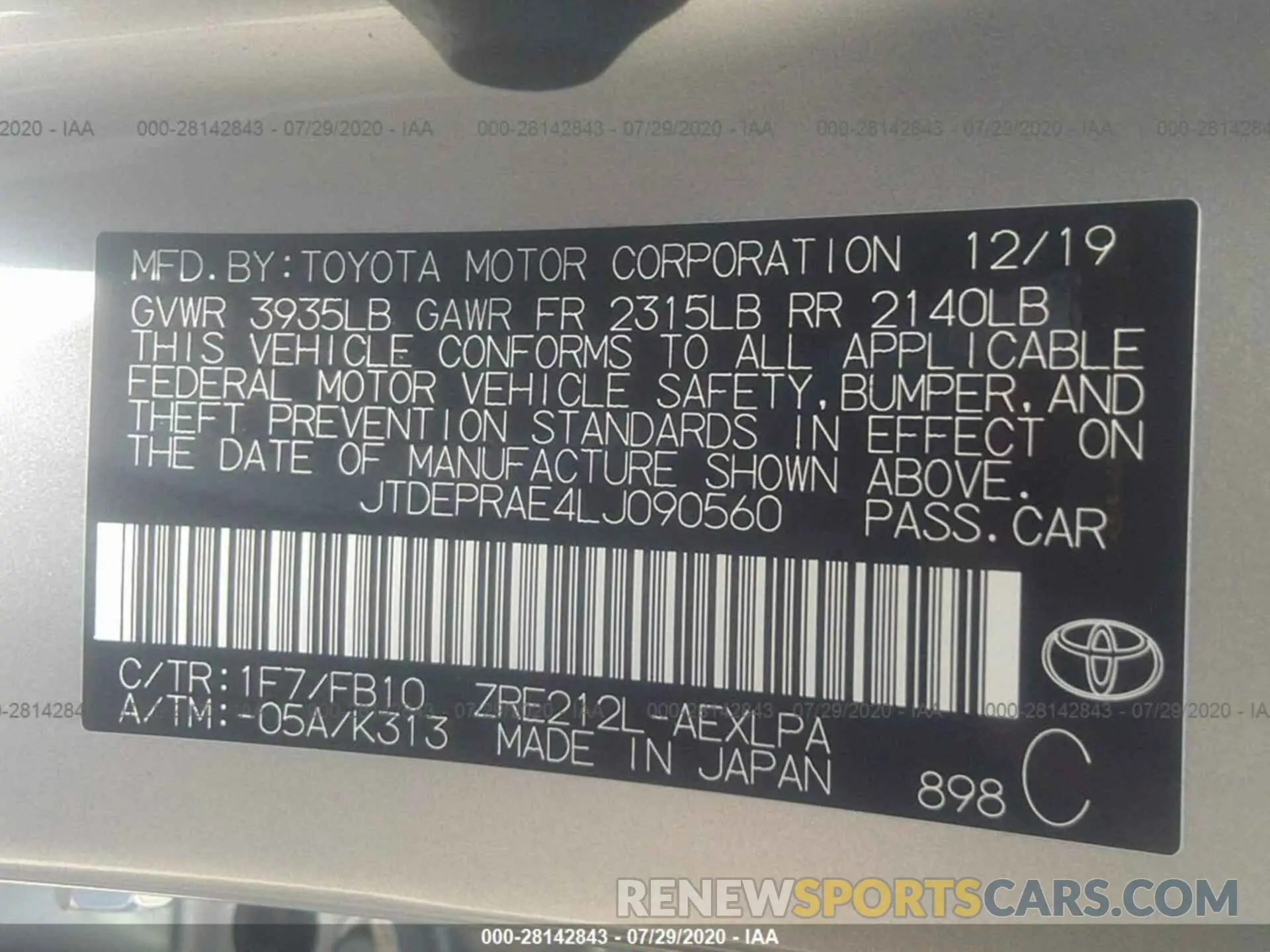 9 Photograph of a damaged car JTDEPRAE4LJ090560 TOYOTA COROLLA 2020