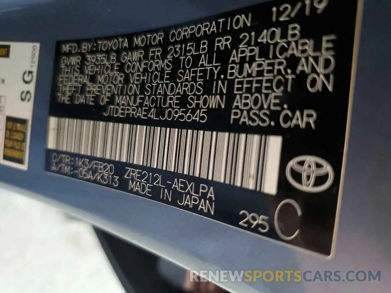 12 Фотография поврежденного автомобиля JTDEPRAE4LJ095645 TOYOTA COROLLA 2020