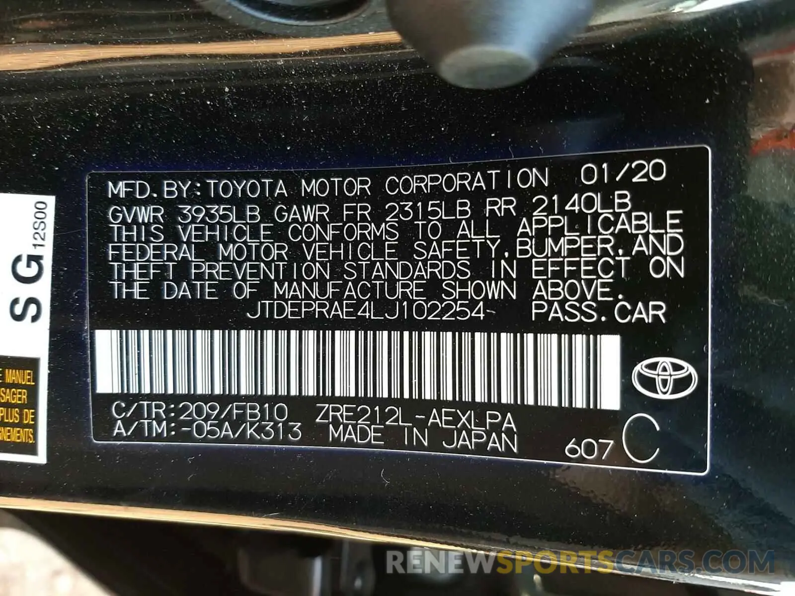 10 Photograph of a damaged car JTDEPRAE4LJ102254 TOYOTA COROLLA 2020