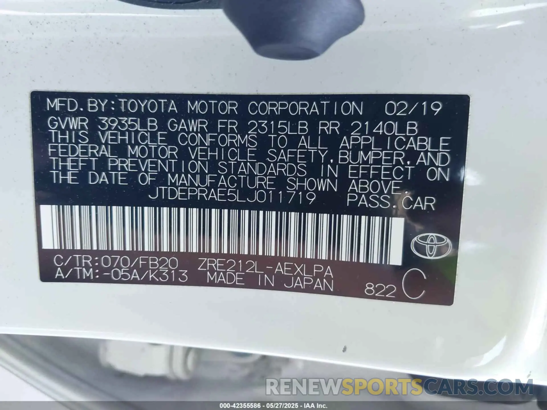 9 Photograph of a damaged car JTDEPRAE5LJ011719 TOYOTA COROLLA 2020