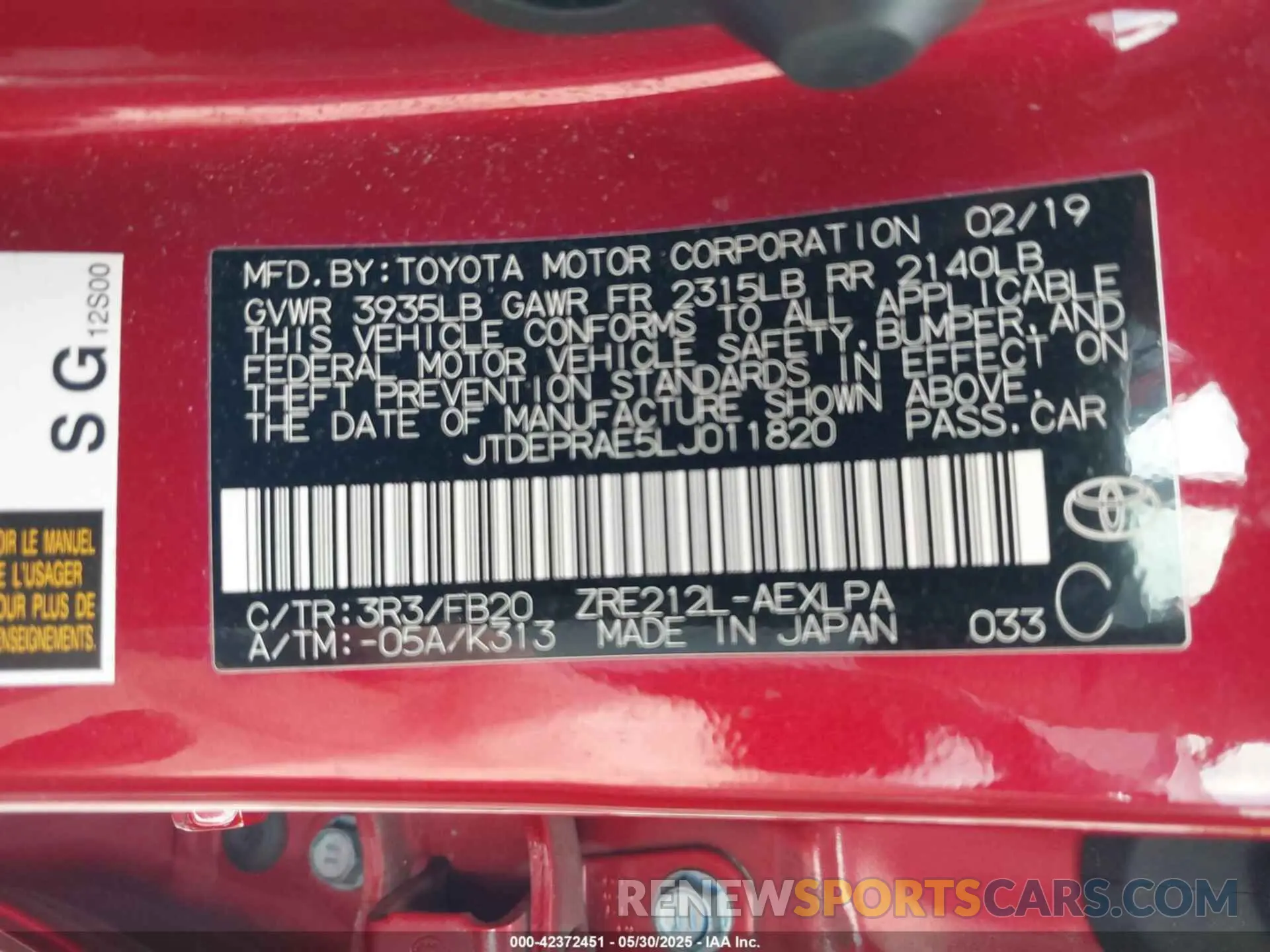 9 Фотография поврежденного автомобиля JTDEPRAE5LJ011820 TOYOTA COROLLA 2020