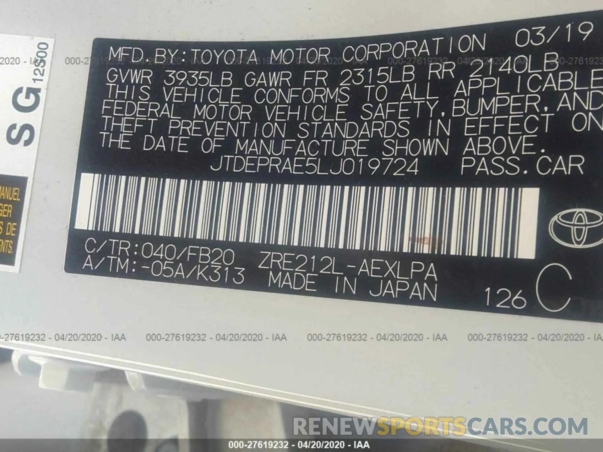 9 Photograph of a damaged car JTDEPRAE5LJ019724 TOYOTA COROLLA 2020