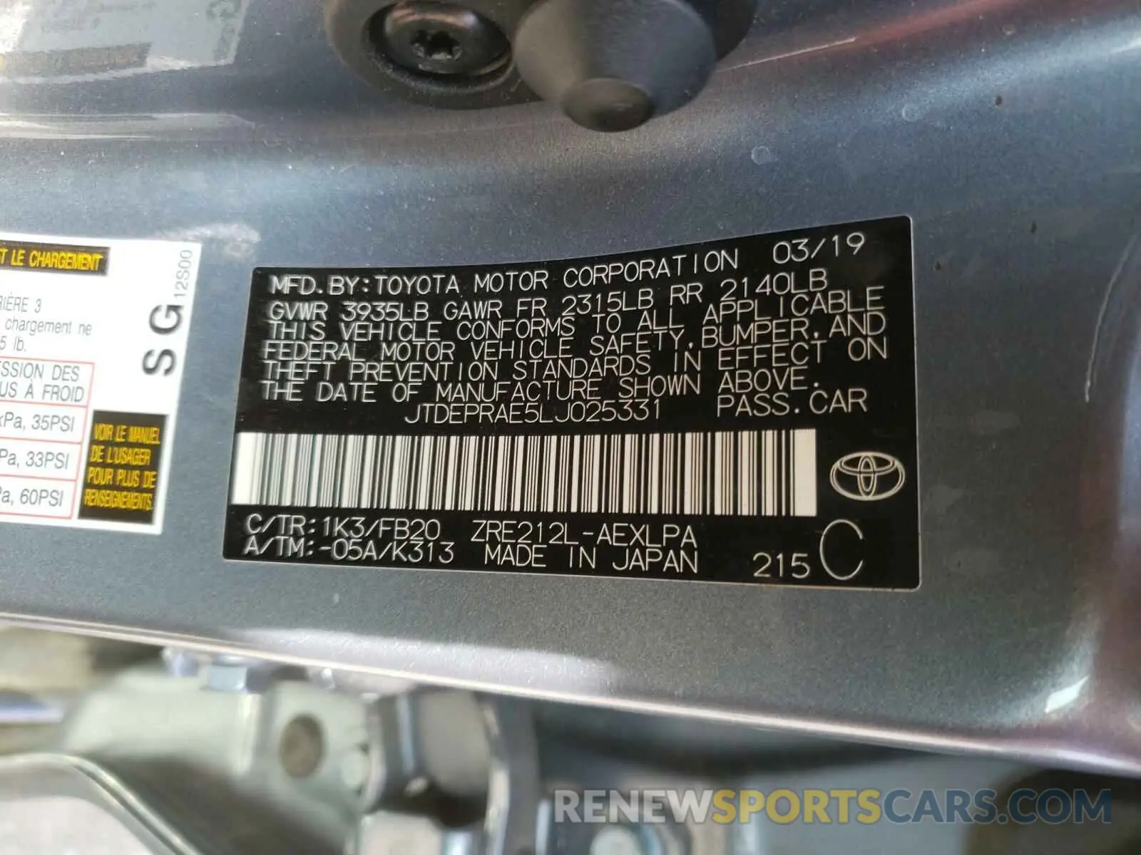 10 Photograph of a damaged car JTDEPRAE5LJ025331 TOYOTA COROLLA 2020