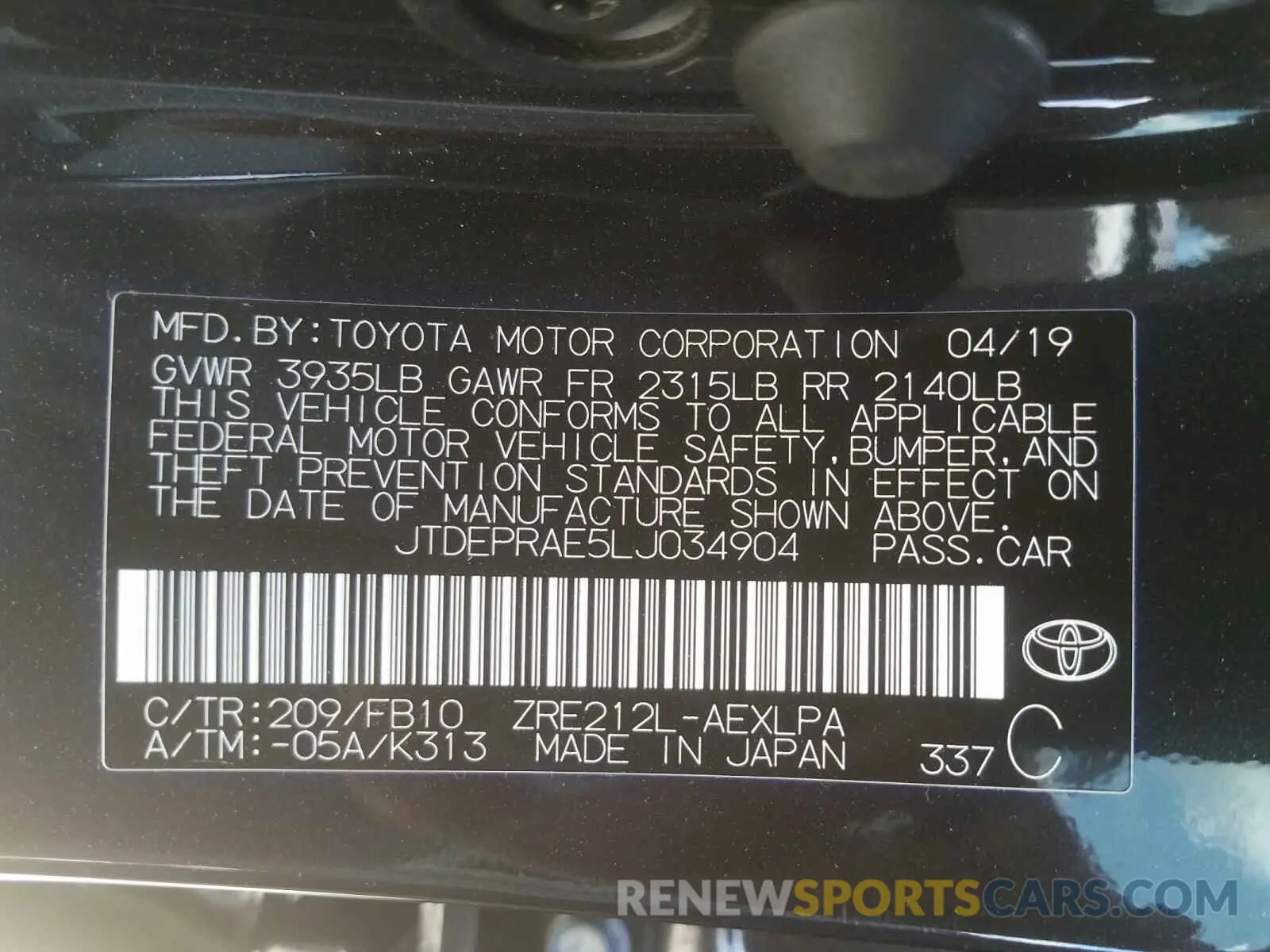 10 Photograph of a damaged car JTDEPRAE5LJ034904 TOYOTA COROLLA 2020
