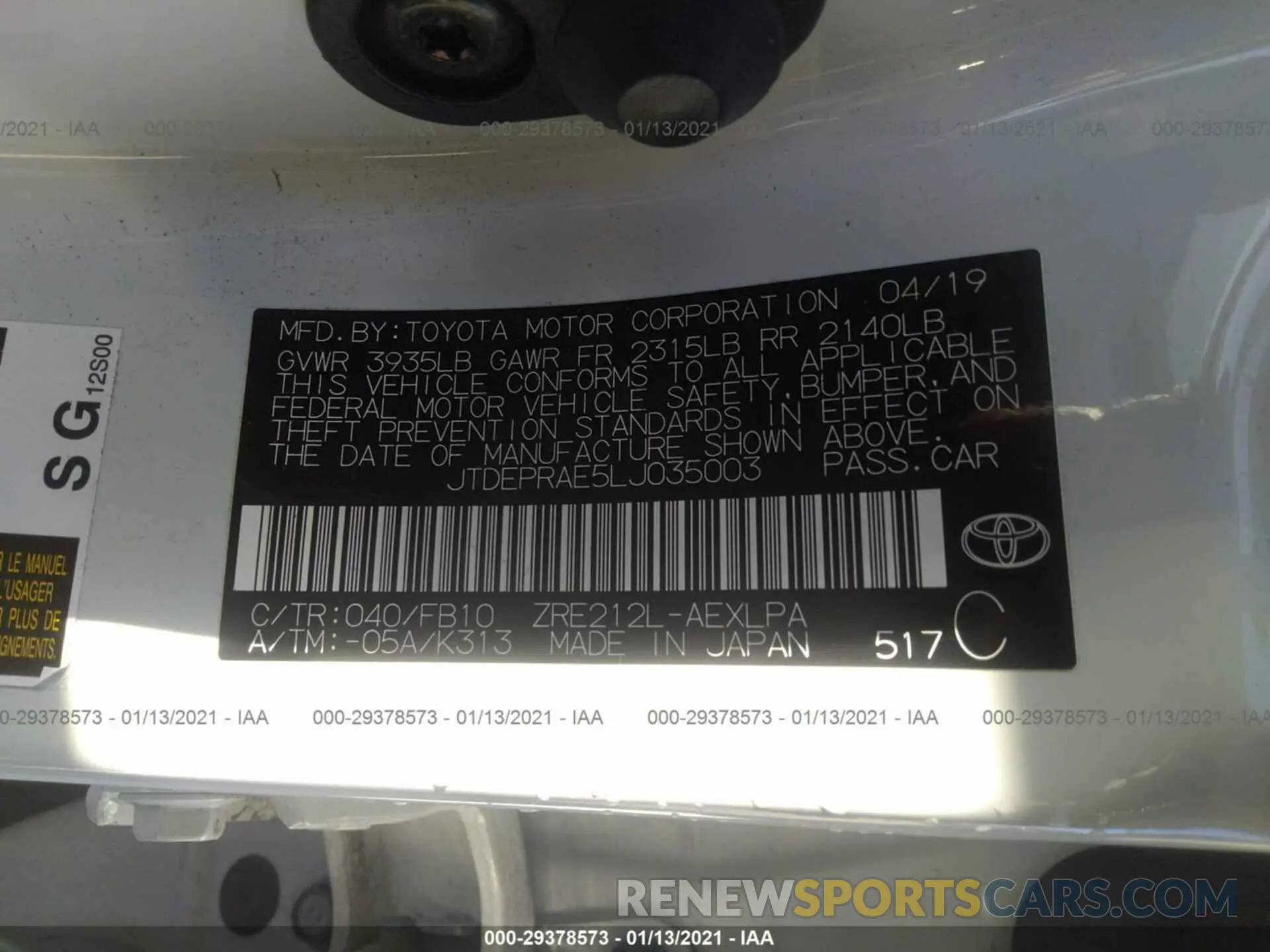 9 Photograph of a damaged car JTDEPRAE5LJ035003 TOYOTA COROLLA 2020