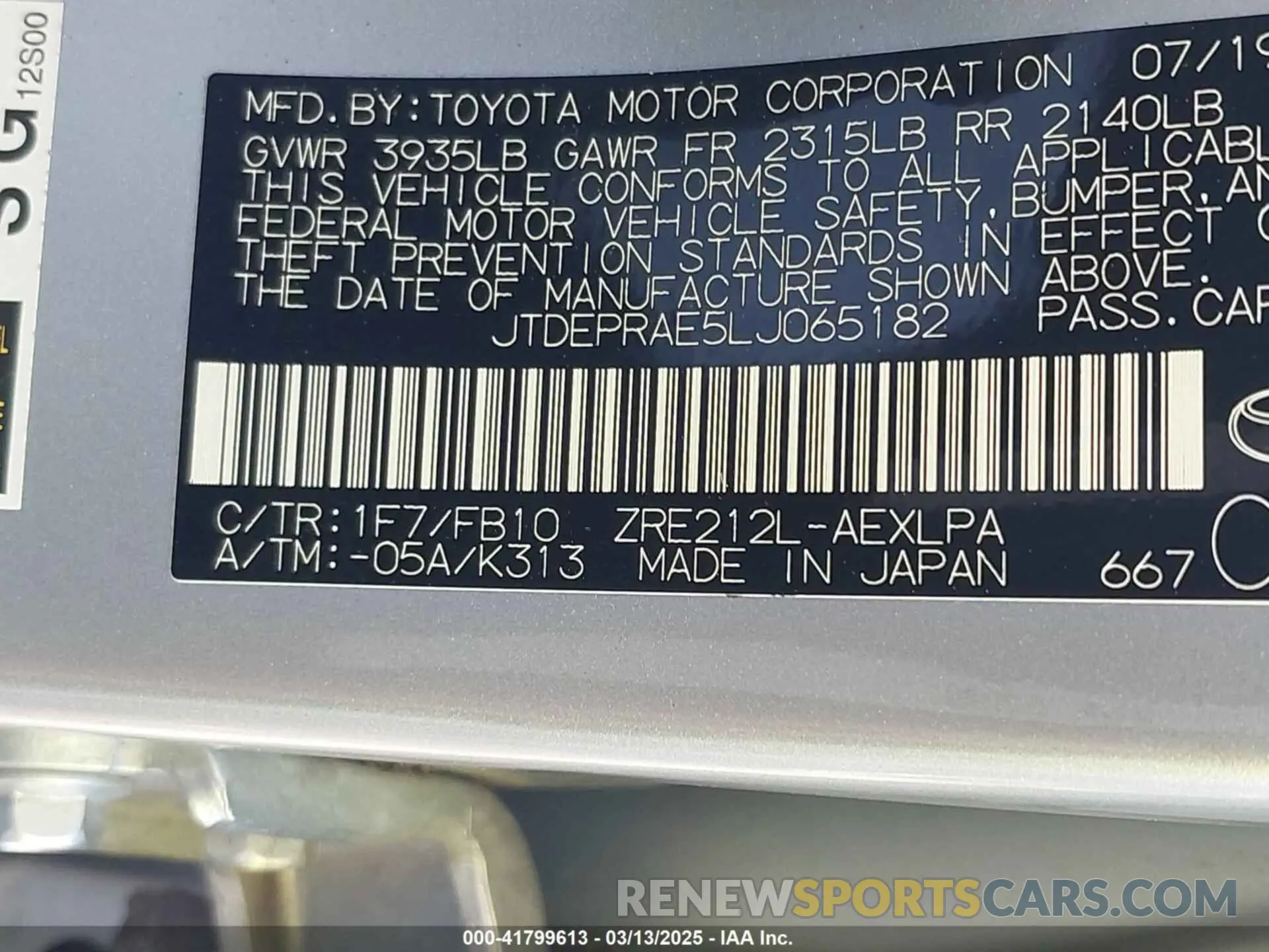 9 Фотография поврежденного автомобиля JTDEPRAE5LJ065182 TOYOTA COROLLA 2020