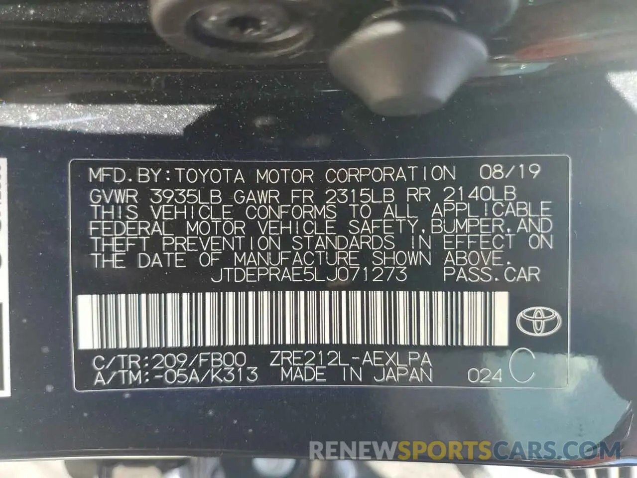 13 Photograph of a damaged car JTDEPRAE5LJ071273 TOYOTA COROLLA 2020