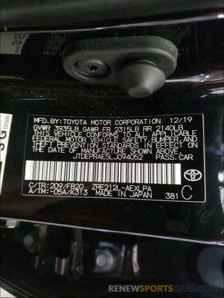 10 Photograph of a damaged car JTDEPRAE5LJ094052 TOYOTA COROLLA 2020