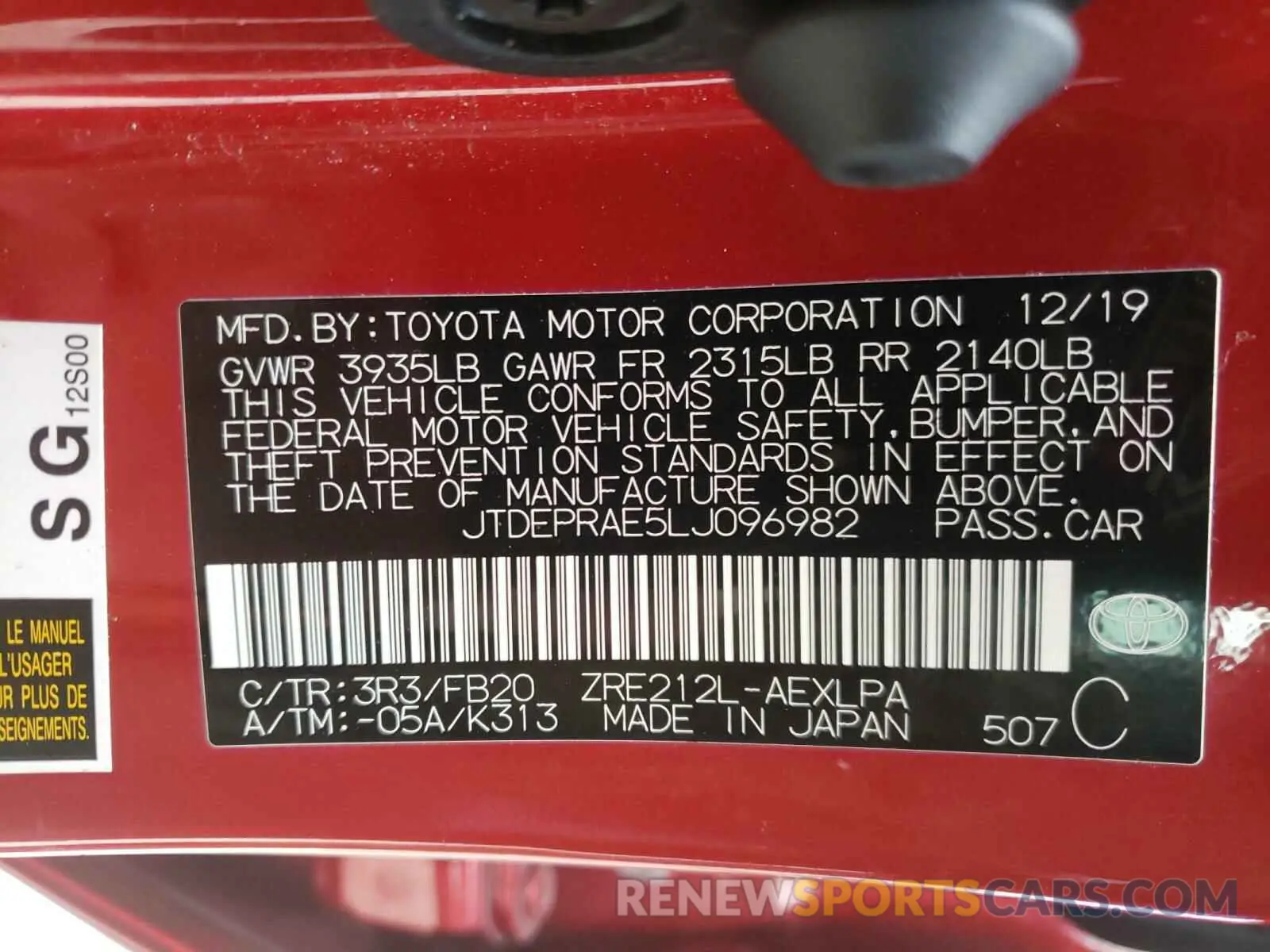 10 Photograph of a damaged car JTDEPRAE5LJ096982 TOYOTA COROLLA 2020