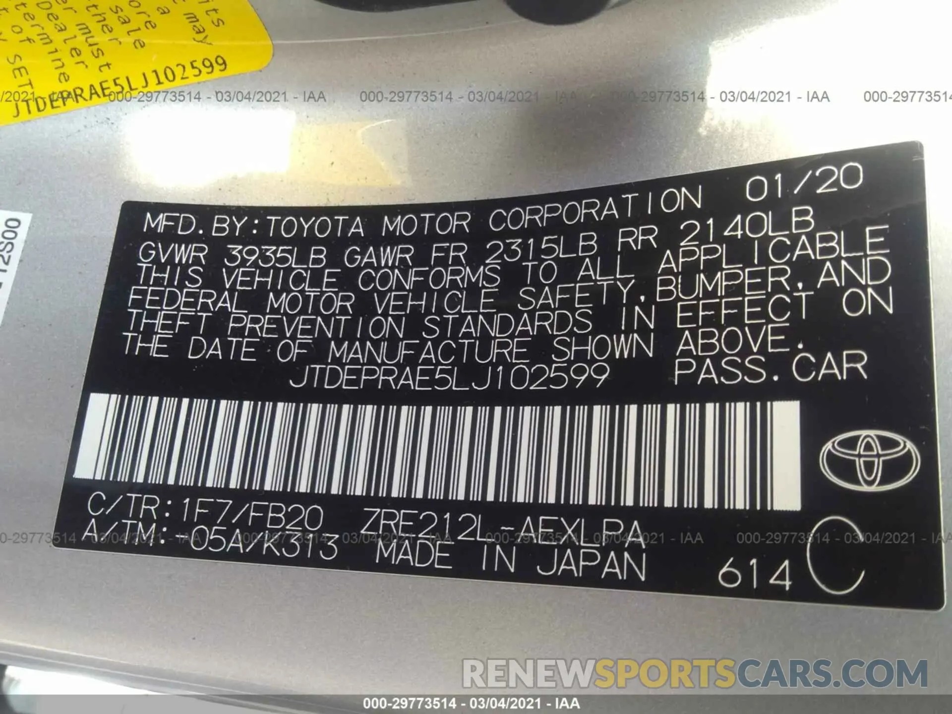 9 Photograph of a damaged car JTDEPRAE5LJ102599 TOYOTA COROLLA 2020