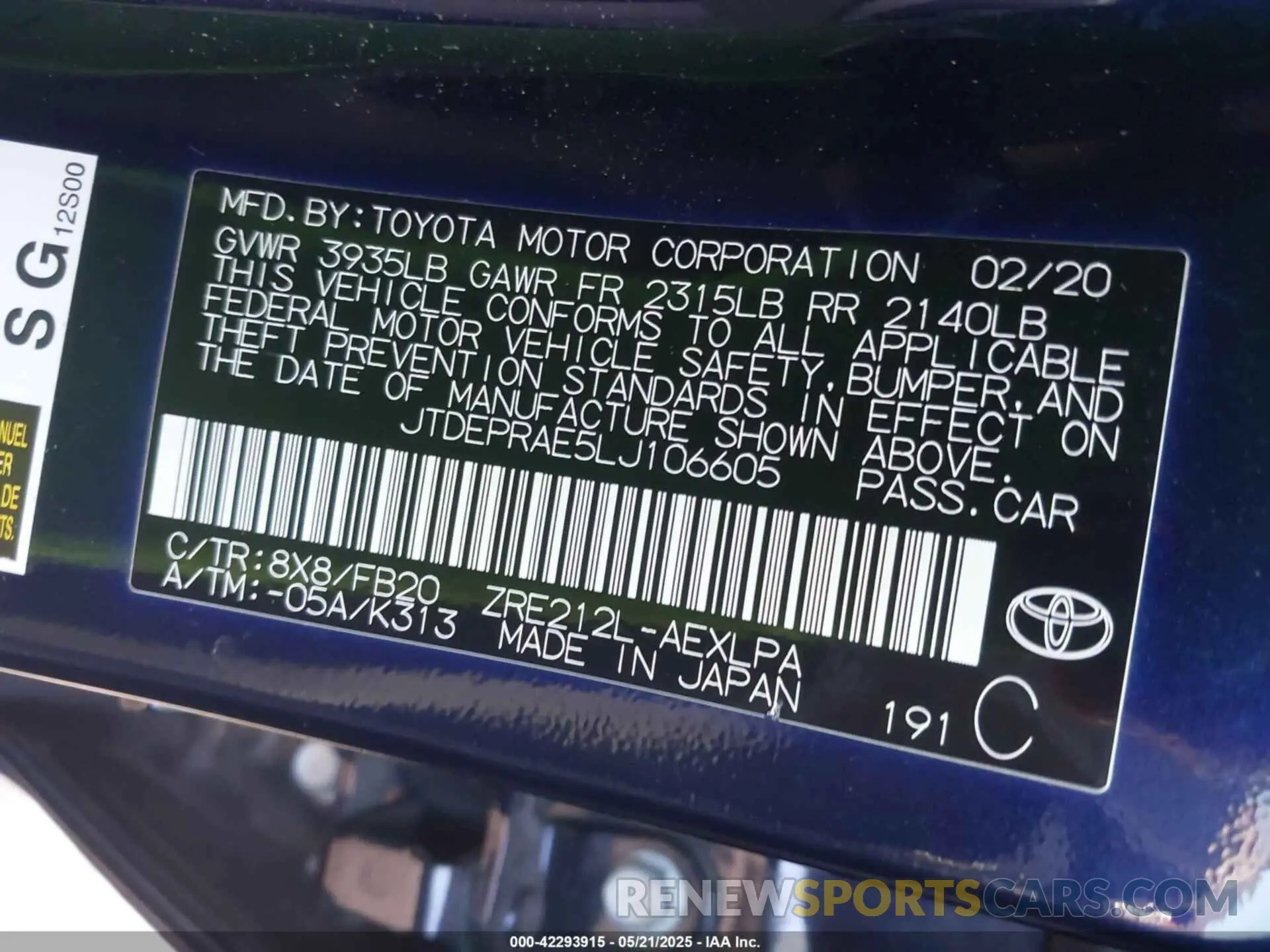9 Фотография поврежденного автомобиля JTDEPRAE5LJ106605 TOYOTA COROLLA 2020