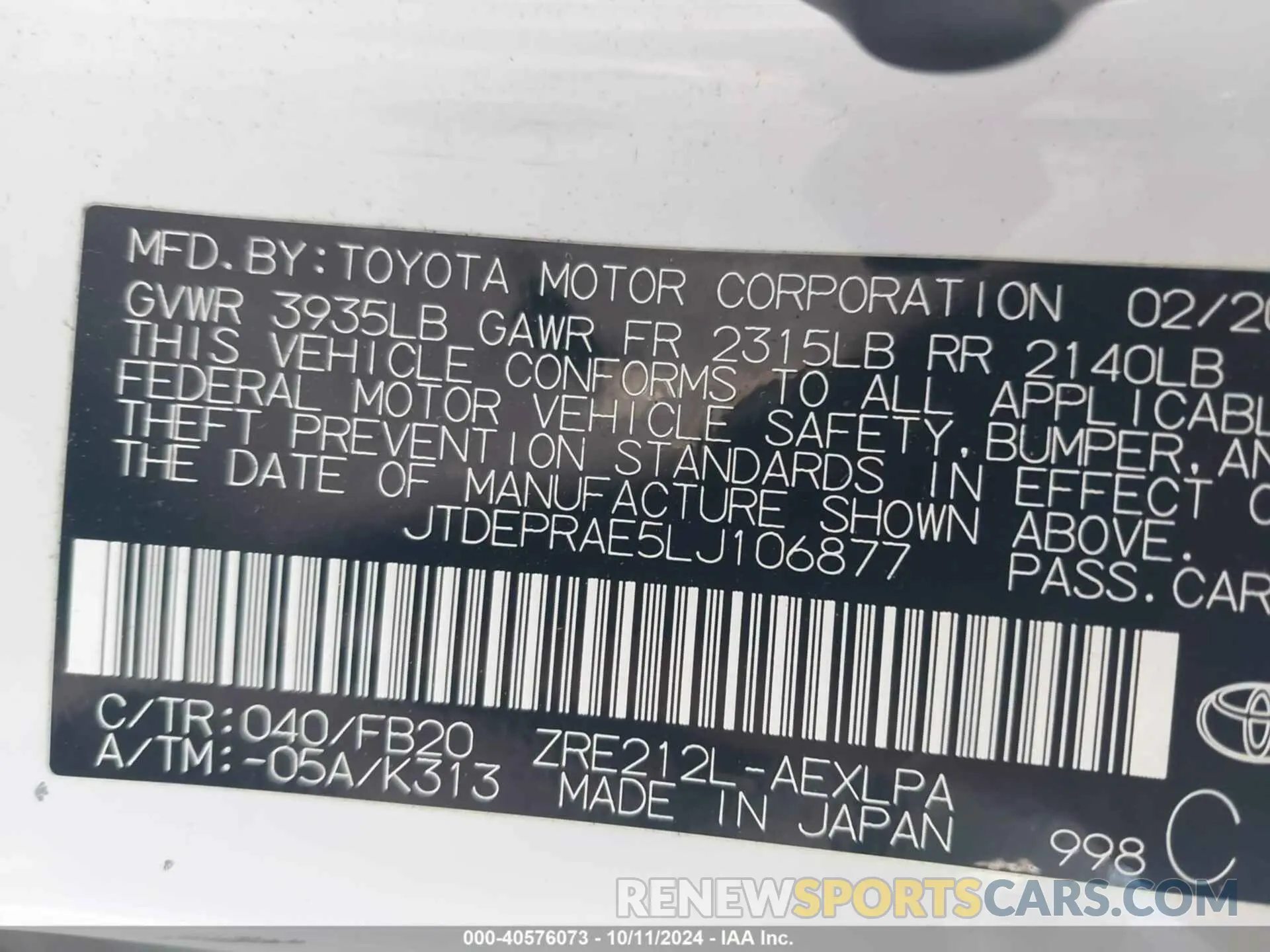 9 Фотография поврежденного автомобиля JTDEPRAE5LJ106877 TOYOTA COROLLA 2020