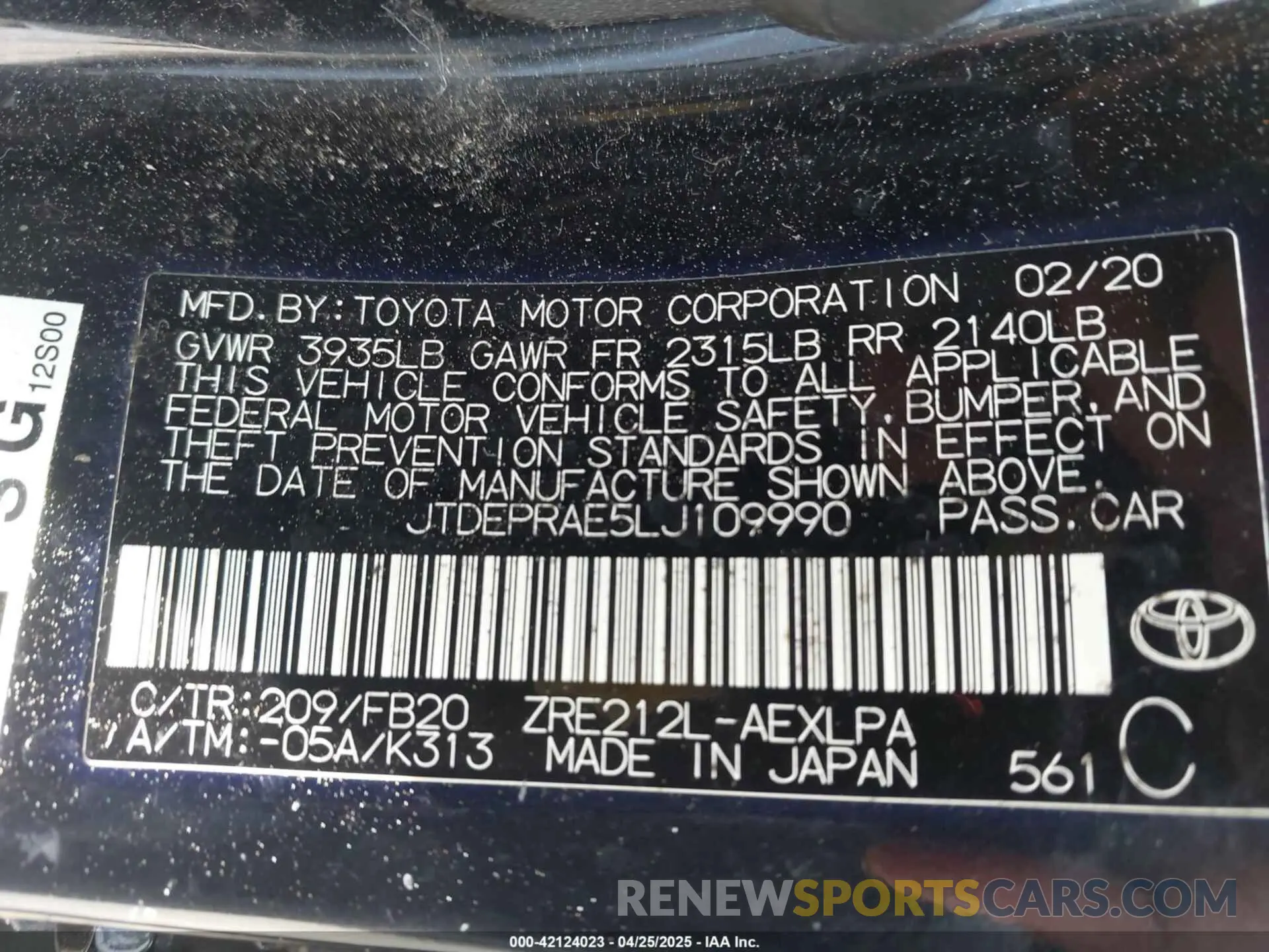 9 Photograph of a damaged car JTDEPRAE5LJ109990 TOYOTA COROLLA 2020