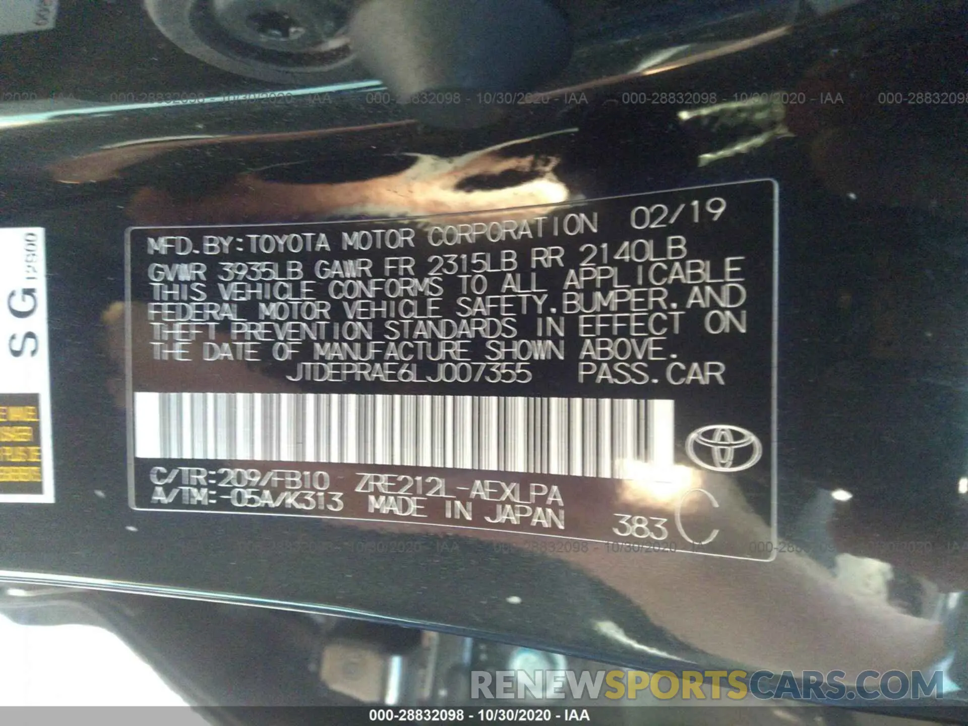 9 Photograph of a damaged car JTDEPRAE6LJ007355 TOYOTA COROLLA 2020
