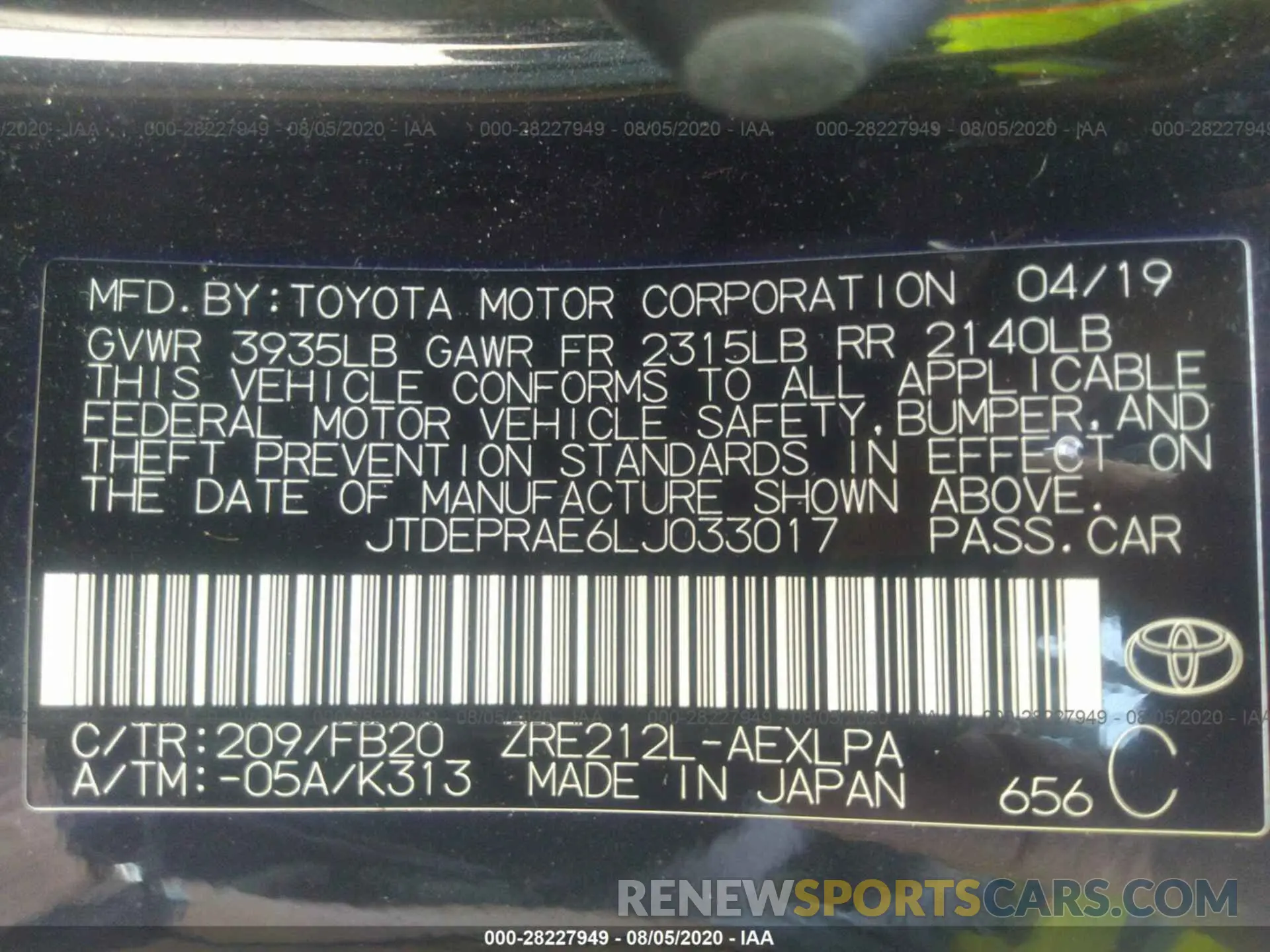 9 Photograph of a damaged car JTDEPRAE6LJ033017 TOYOTA COROLLA 2020