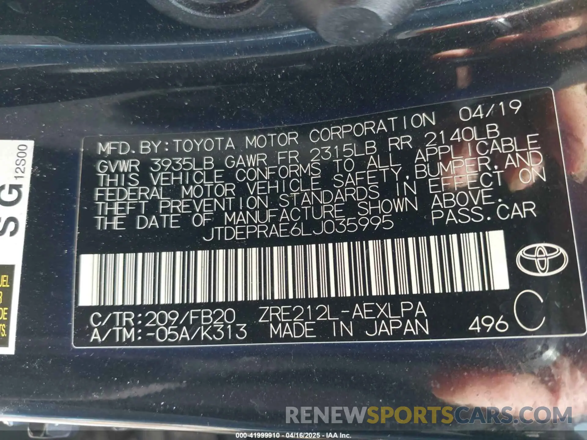 9 Photograph of a damaged car JTDEPRAE6LJ035995 TOYOTA COROLLA 2020