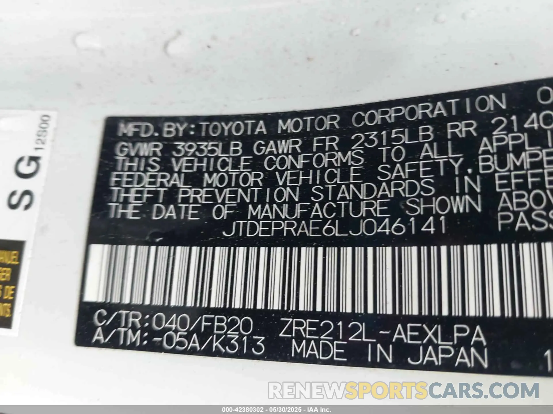 9 Фотография поврежденного автомобиля JTDEPRAE6LJ046141 TOYOTA COROLLA 2020