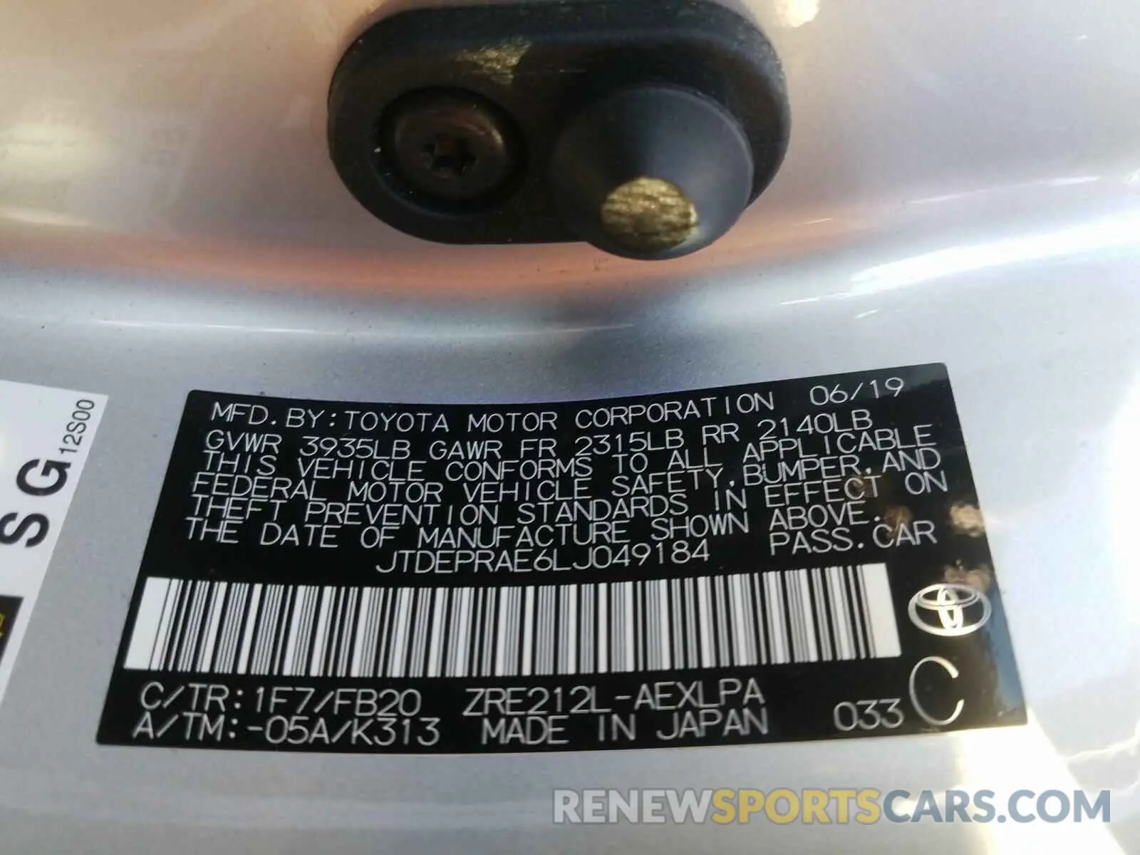 10 Photograph of a damaged car JTDEPRAE6LJ049184 TOYOTA COROLLA 2020