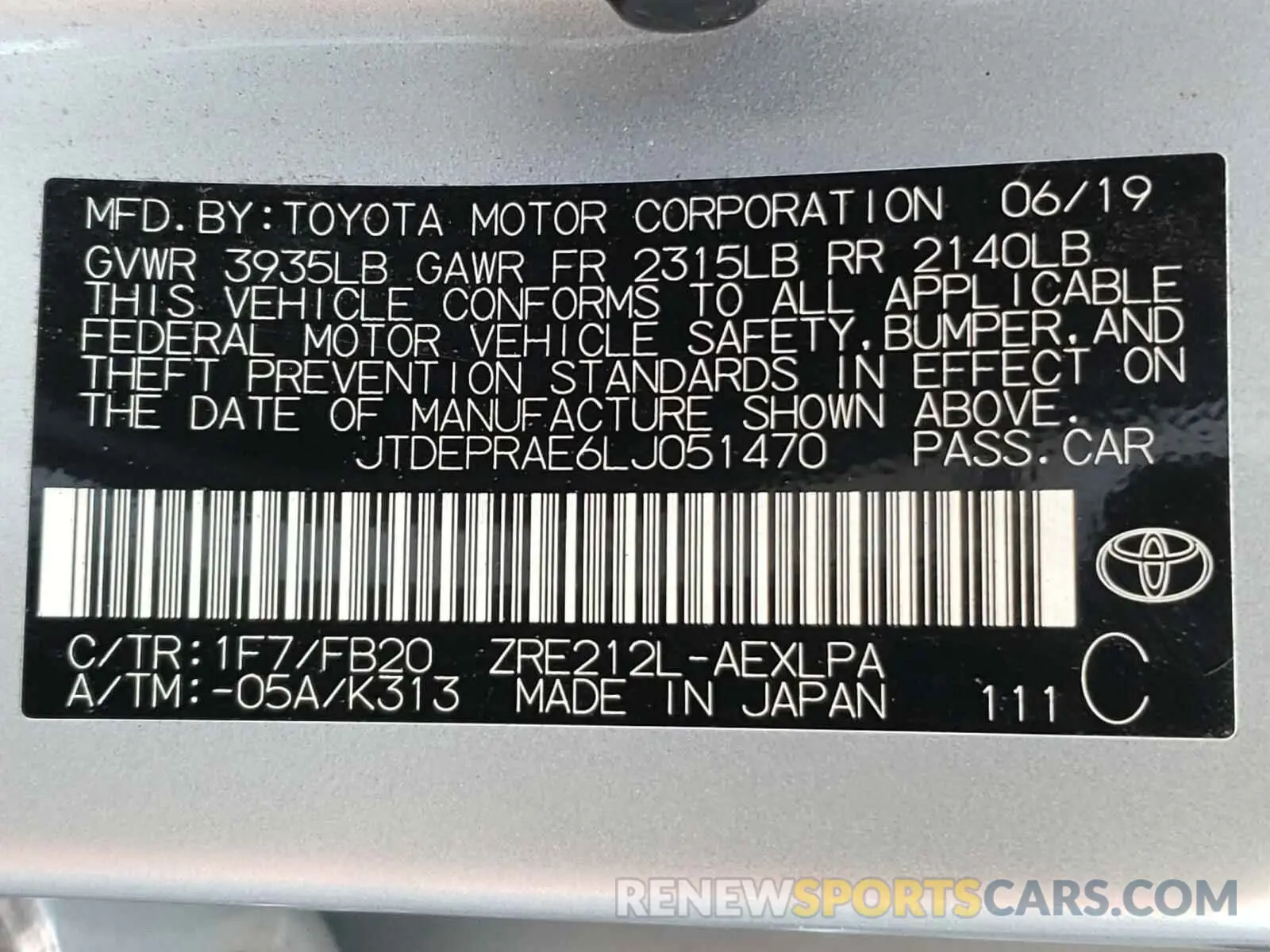 10 Photograph of a damaged car JTDEPRAE6LJ051470 TOYOTA COROLLA 2020