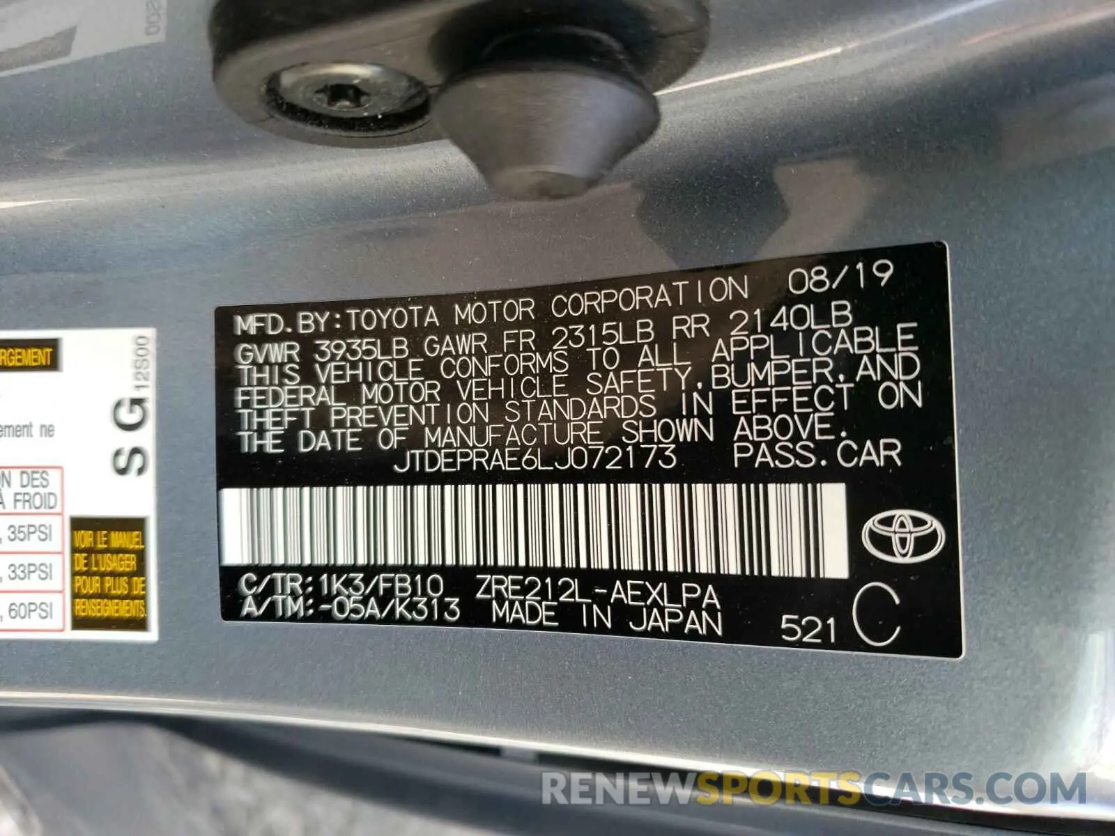 10 Photograph of a damaged car JTDEPRAE6LJ072173 TOYOTA COROLLA 2020