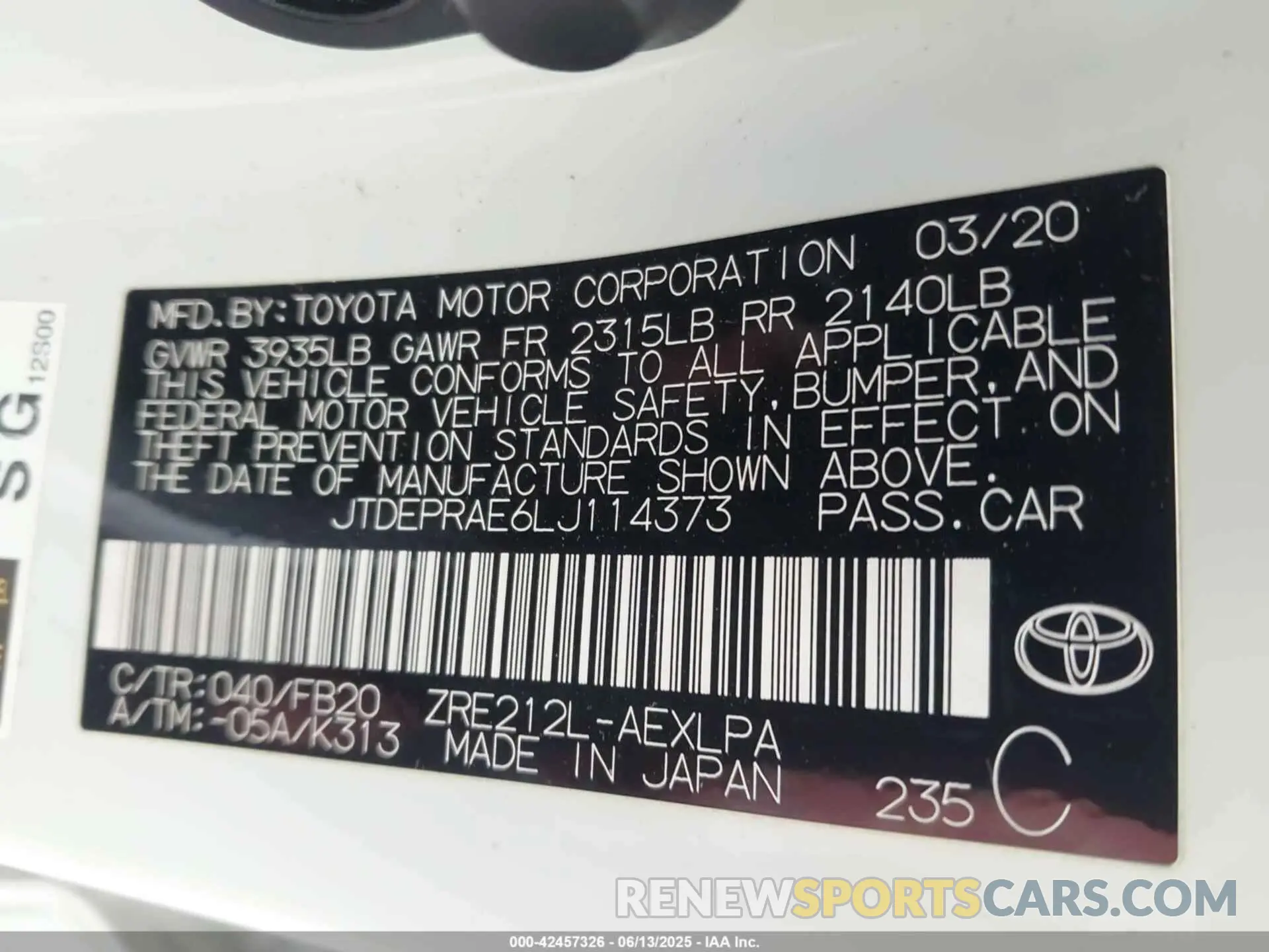 9 Photograph of a damaged car JTDEPRAE6LJ114373 TOYOTA COROLLA 2020