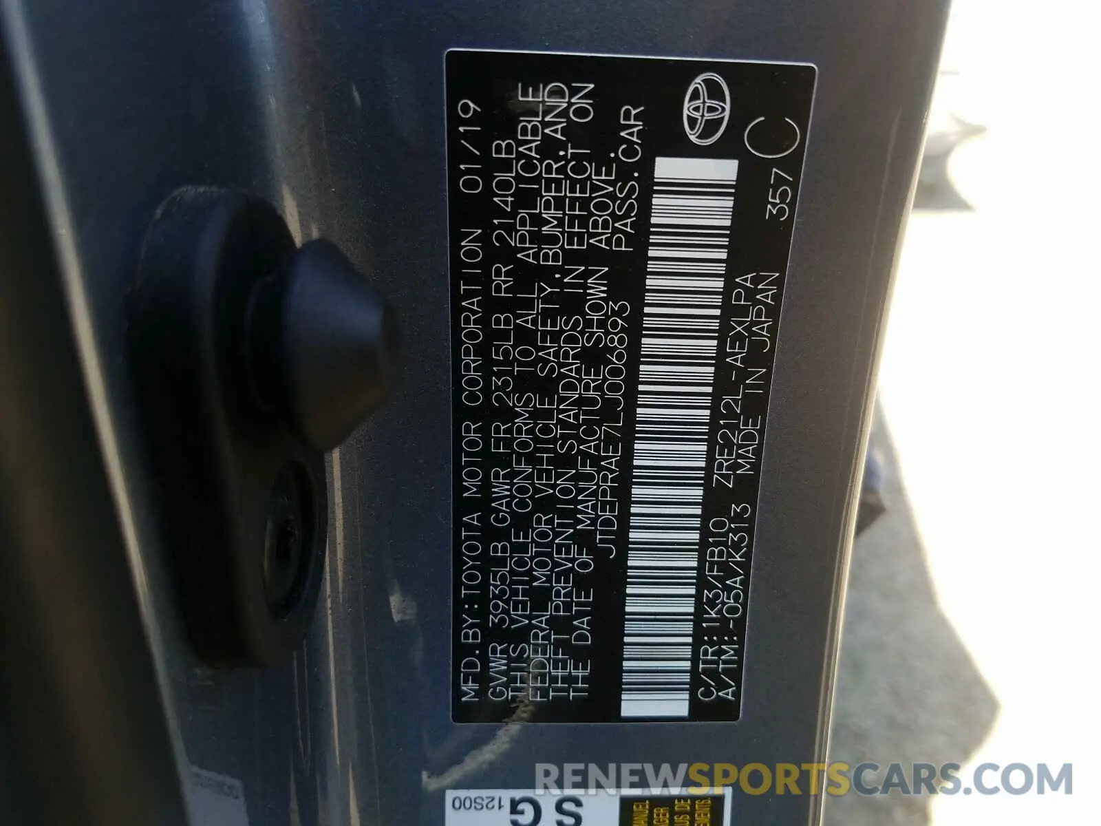 10 Photograph of a damaged car JTDEPRAE7LJ006893 TOYOTA COROLLA 2020