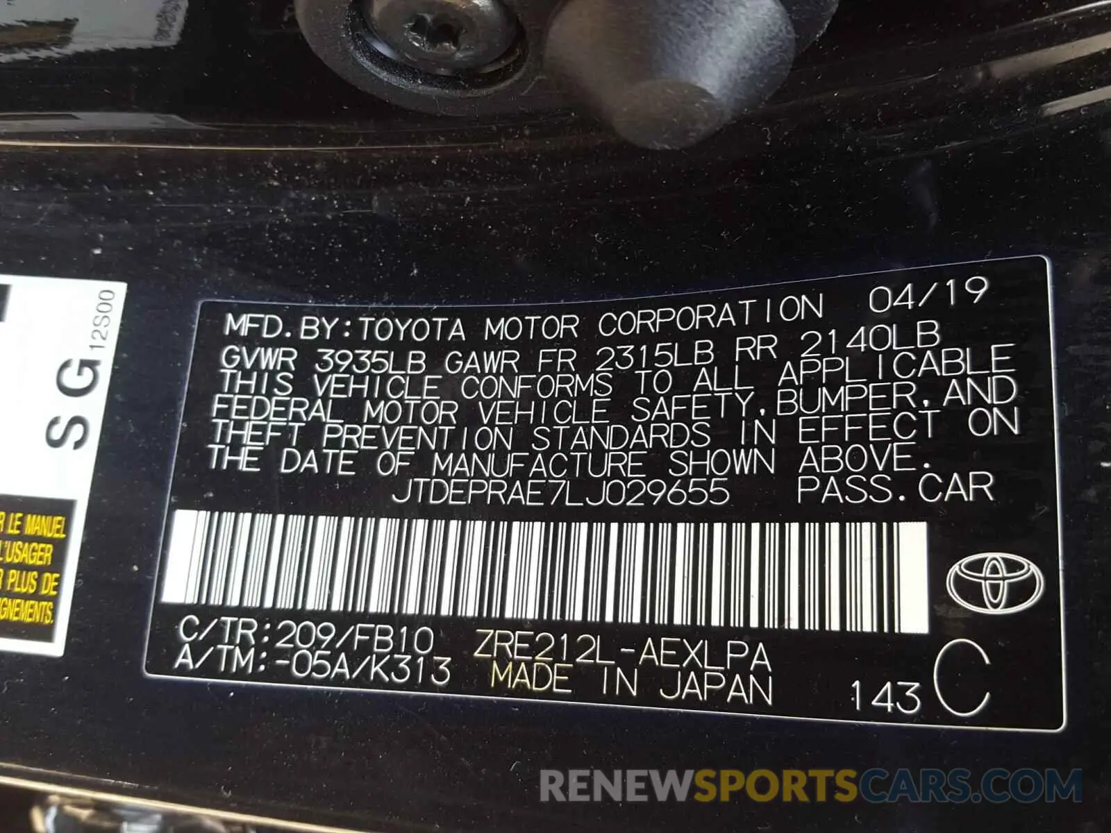 10 Photograph of a damaged car JTDEPRAE7LJ029655 TOYOTA COROLLA 2020