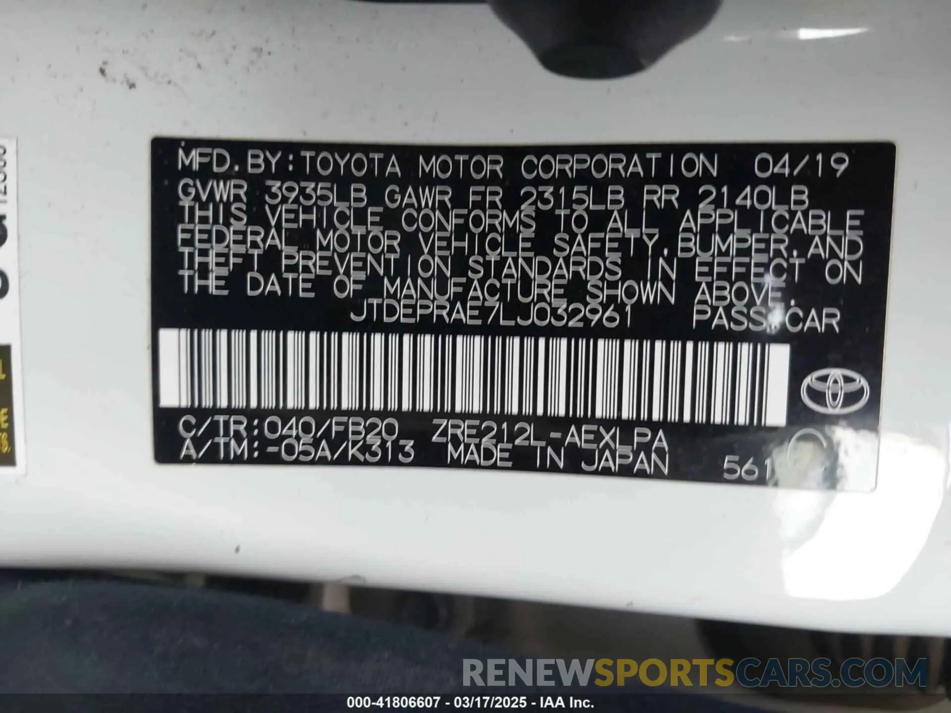9 Фотография поврежденного автомобиля JTDEPRAE7LJ032961 TOYOTA COROLLA 2020