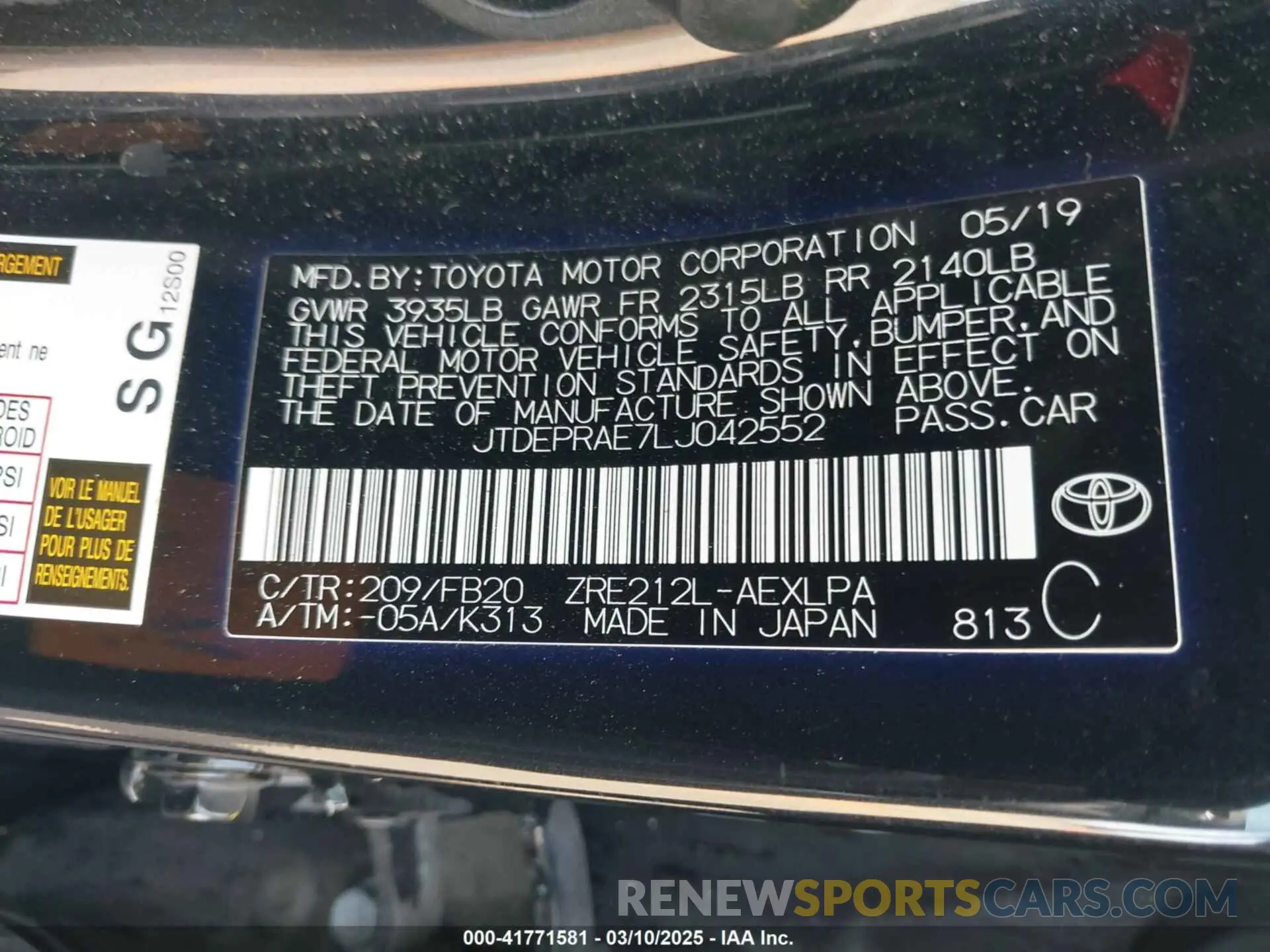 9 Фотография поврежденного автомобиля JTDEPRAE7LJ042552 TOYOTA COROLLA 2020