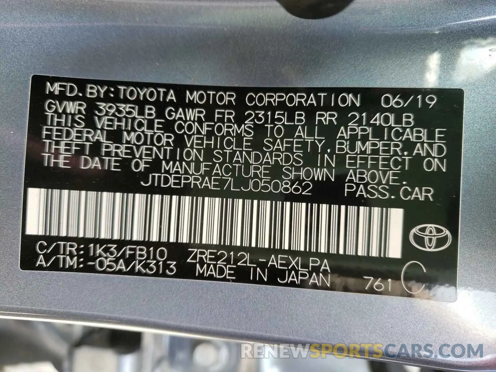 10 Photograph of a damaged car JTDEPRAE7LJ050862 TOYOTA COROLLA 2020