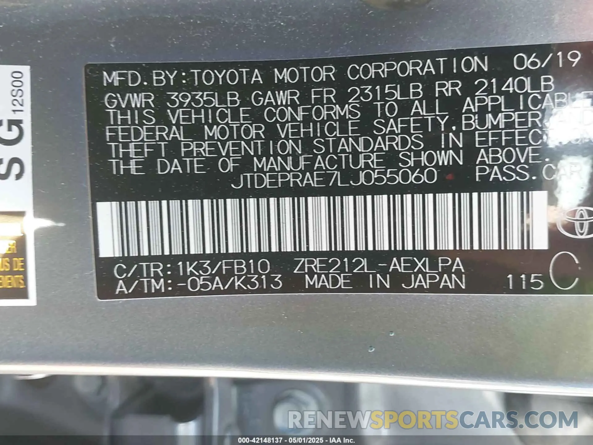 9 Фотография поврежденного автомобиля JTDEPRAE7LJ055060 TOYOTA COROLLA 2020