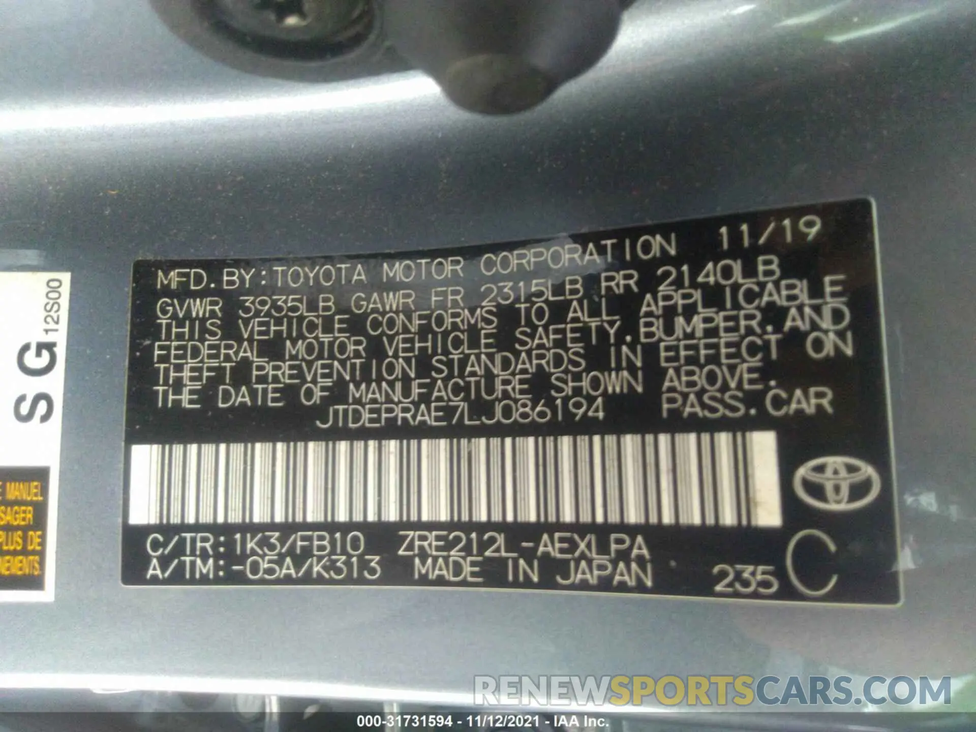 9 Photograph of a damaged car JTDEPRAE7LJ086194 TOYOTA COROLLA 2020