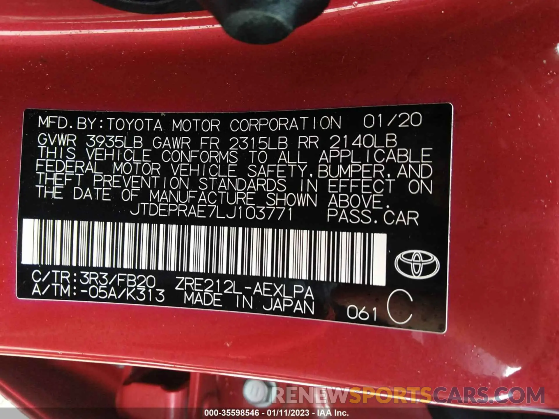 9 Photograph of a damaged car JTDEPRAE7LJ103771 TOYOTA COROLLA 2020