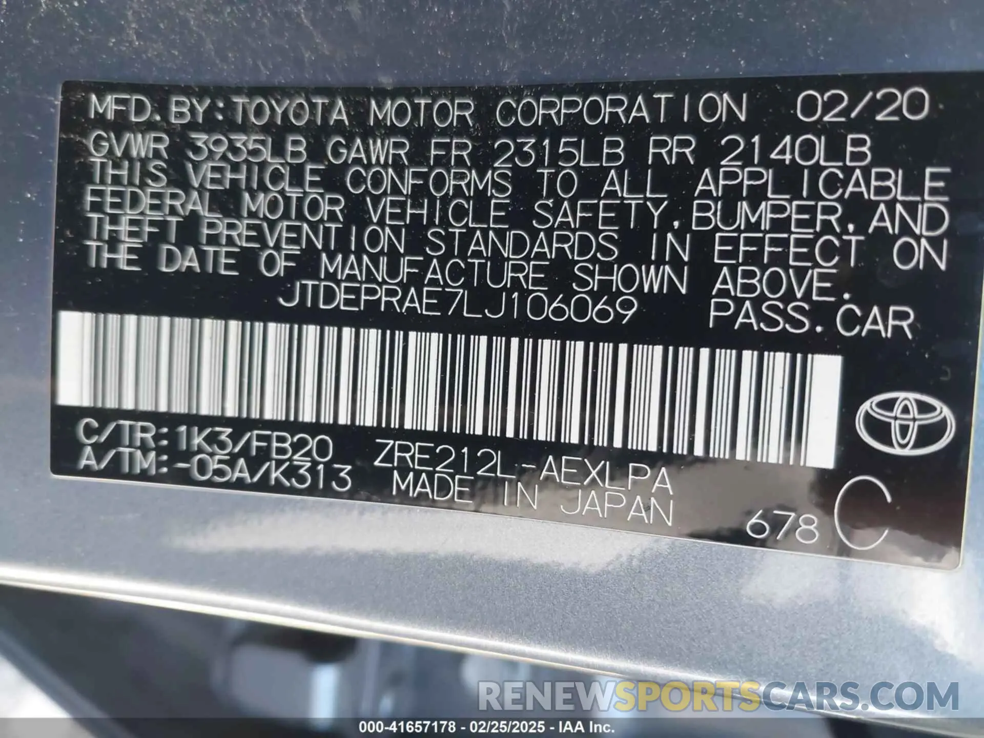 9 Фотография поврежденного автомобиля JTDEPRAE7LJ106069 TOYOTA COROLLA 2020